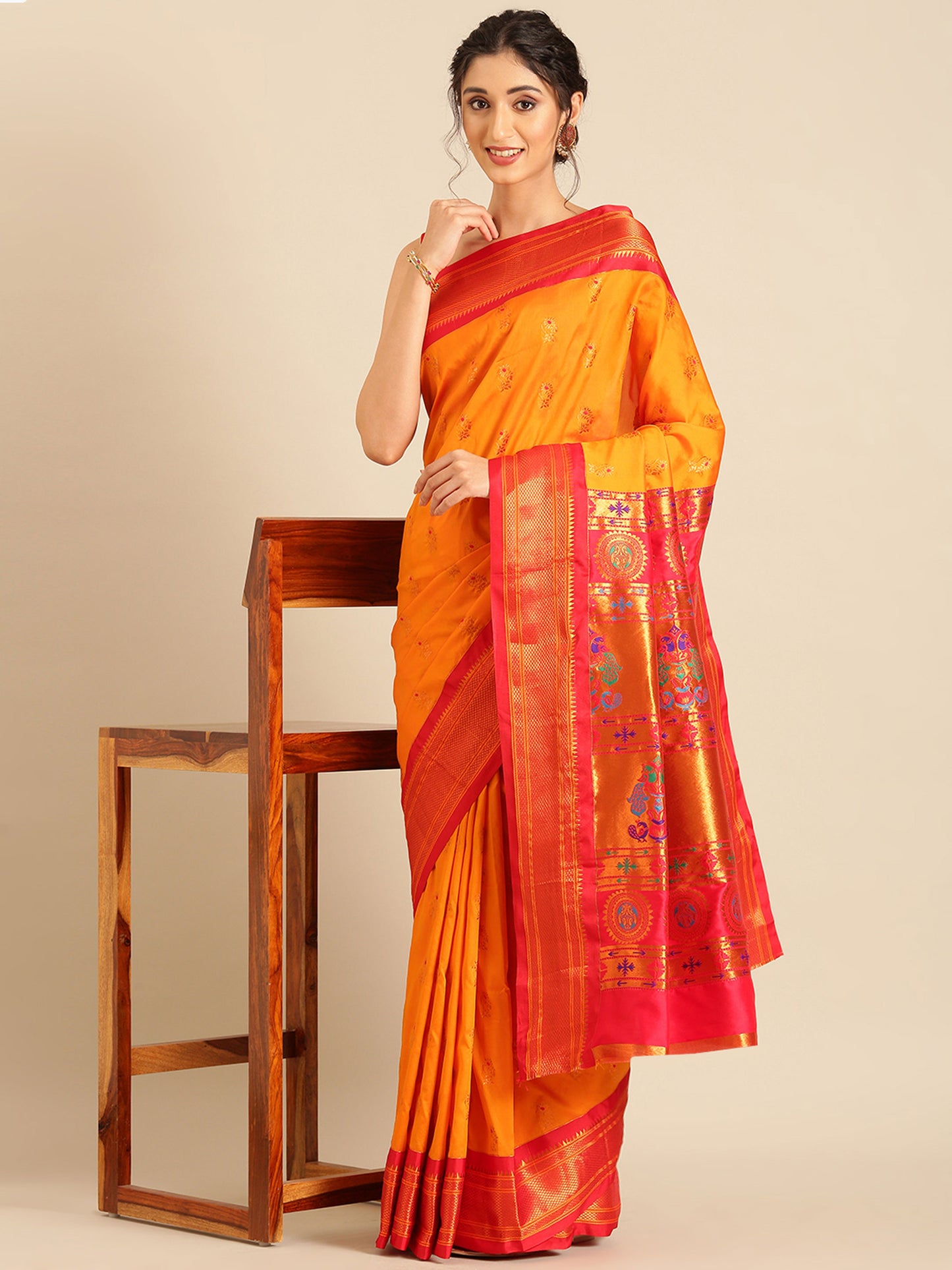 Ahilya Orange & Red Soft Silk Peshwai Nath Paithani Saree