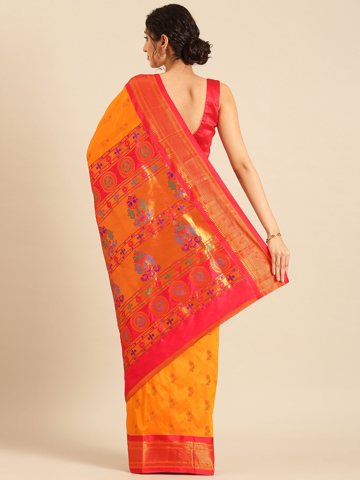 Ahilya Orange & Red Soft Silk Peshwai Nath Paithani Saree