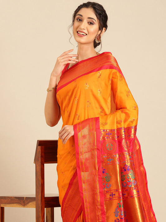 Ahilya Orange & Red Soft Silk Peshwai Nath Paithani Saree