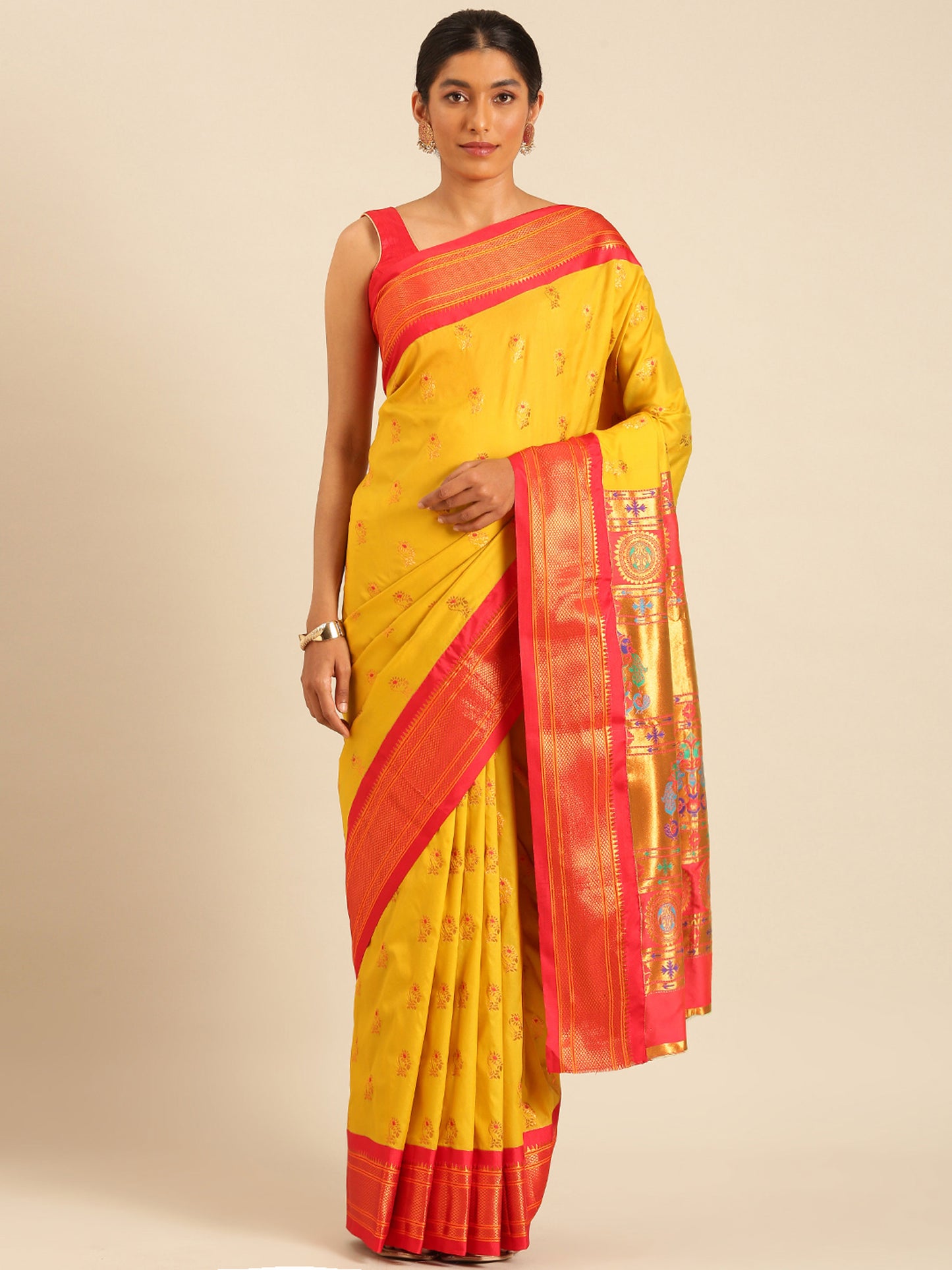Ahilya Mustard & Red Soft Silk Peshwai Nath Paithani Saree