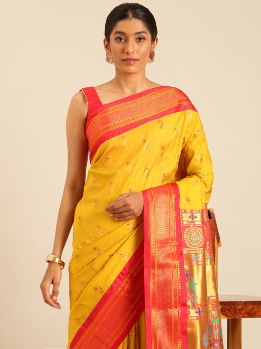 Ahilya Mustard & Red Soft Silk Peshwai Nath Paithani Saree