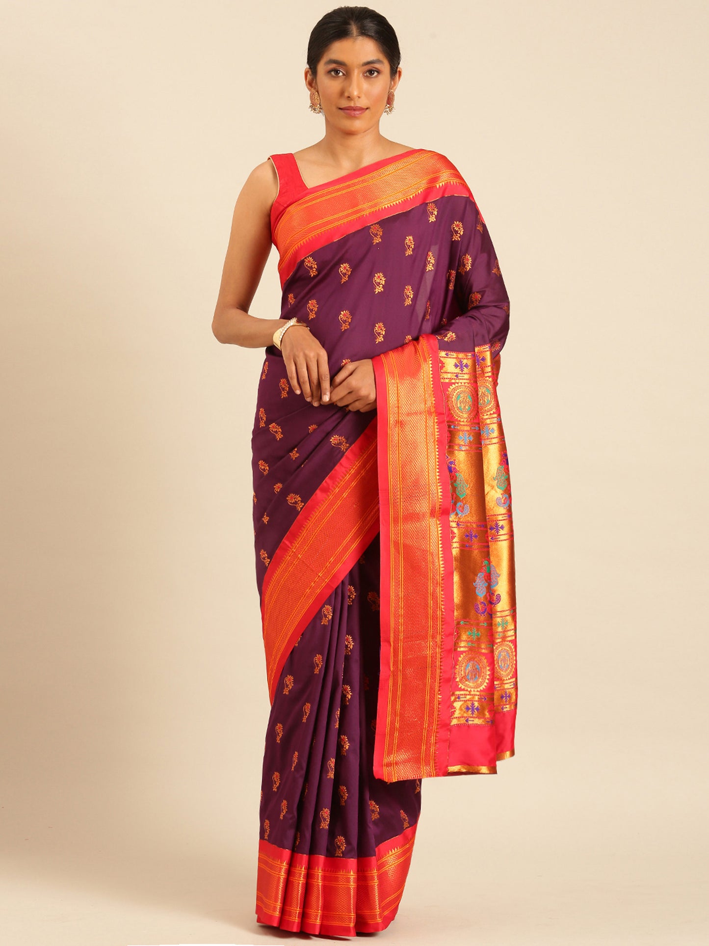 Ahilya Maroon & Red Soft Silk Peshwai Nath Paithani Saree