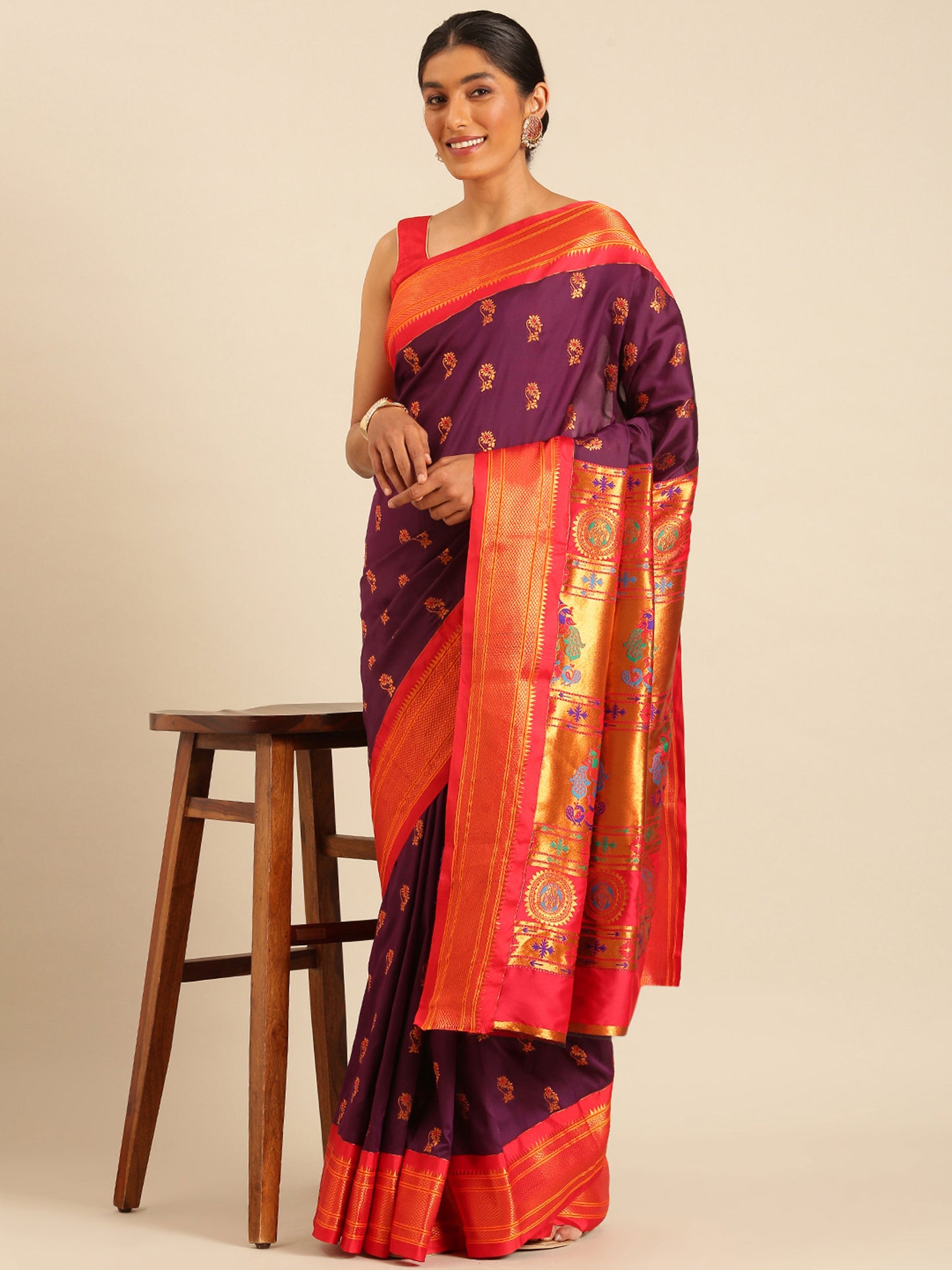 Ahilya Maroon & Red Soft Silk Peshwai Nath Paithani Saree