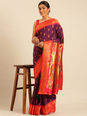 Ahilya Maroon & Red Soft Silk Peshwai Nath Paithani Saree