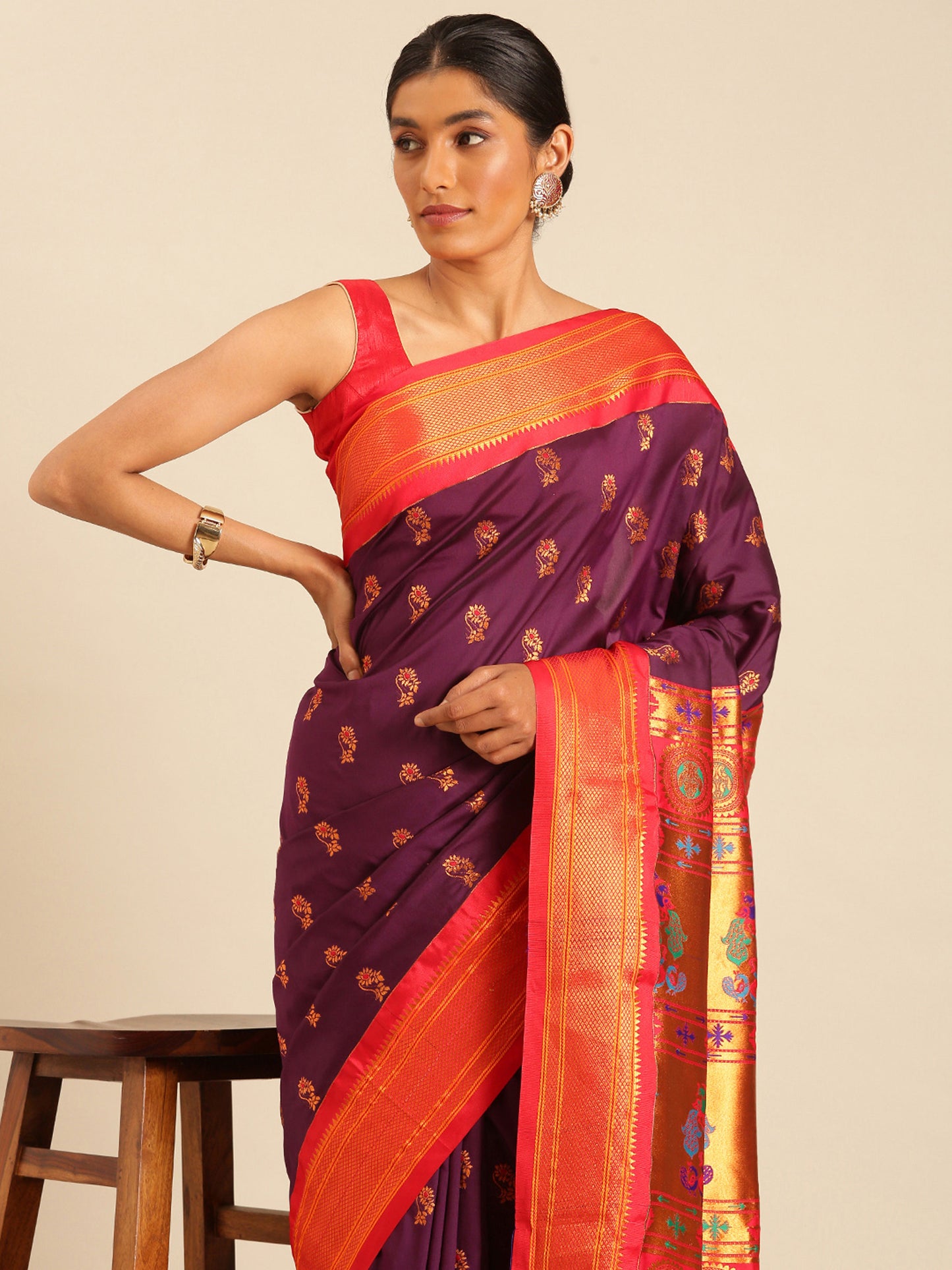 Ahilya Maroon & Red Soft Silk Peshwai Nath Paithani Saree