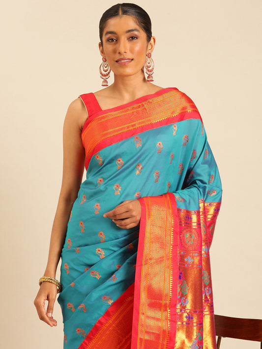 Ahilya Rama & Red Soft Silk Peshwai Nath Paithani Saree