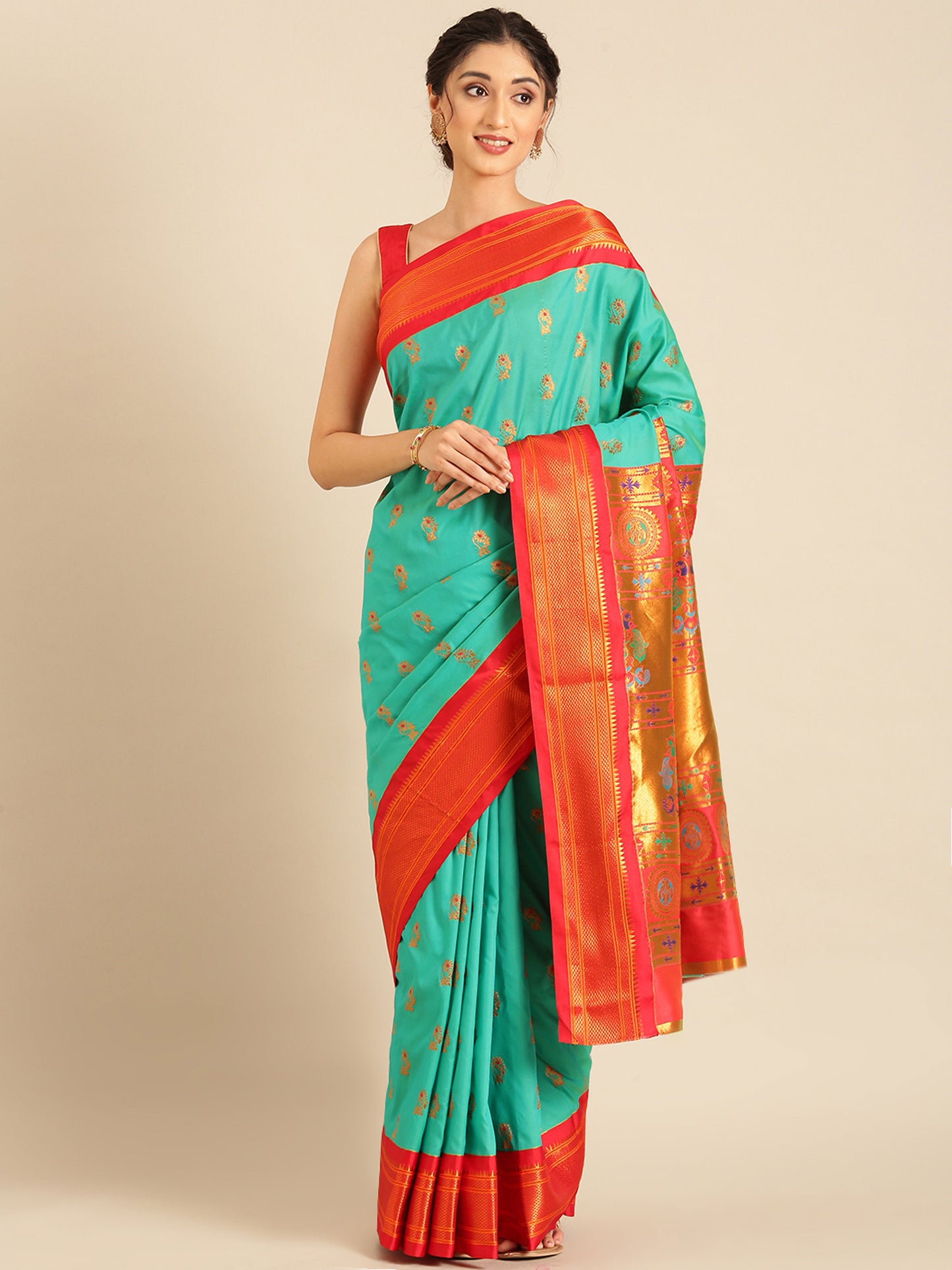 Ahilya Sea Green & Red Soft Silk Peshwai Nath Paithani Saree