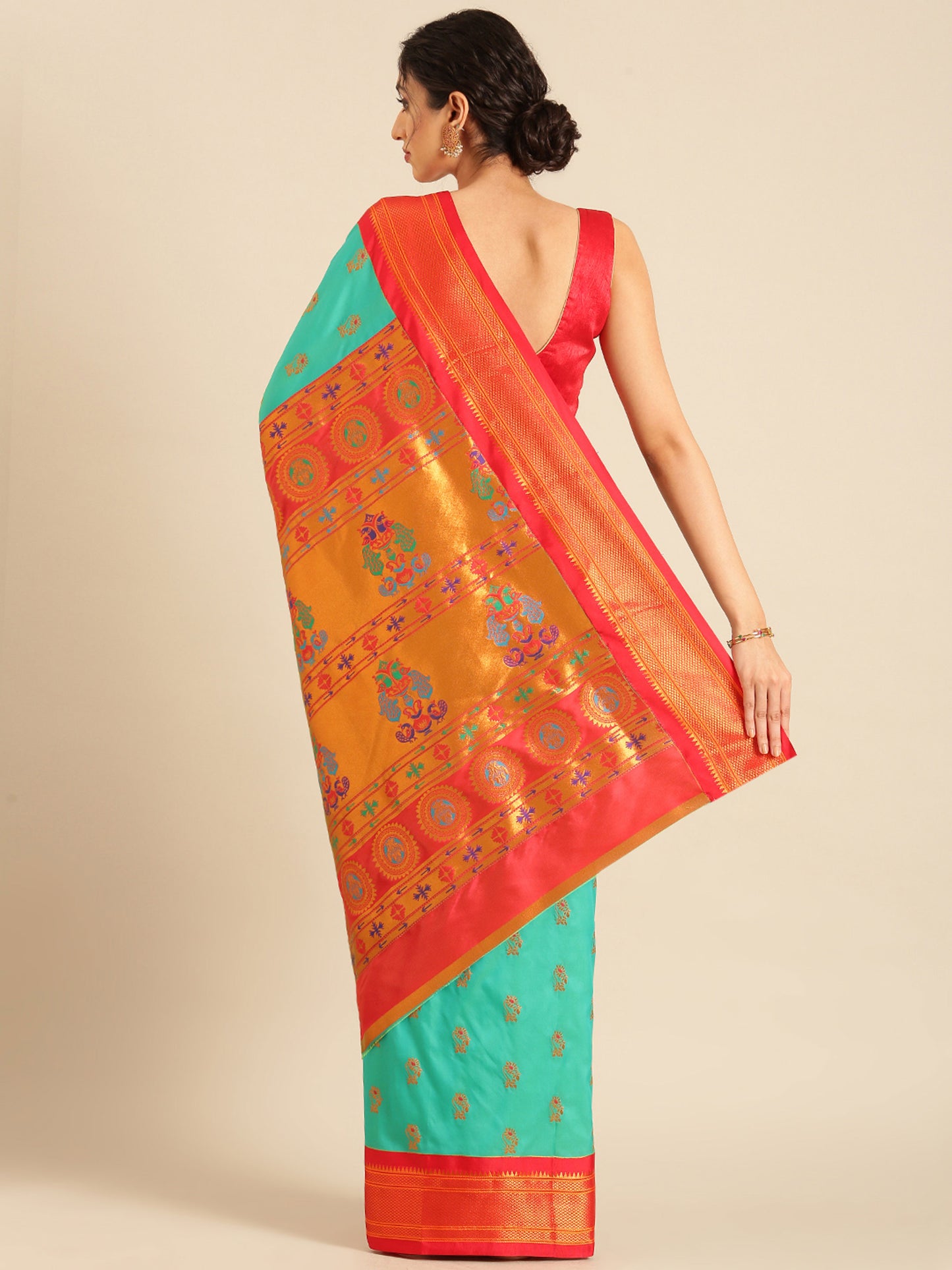 Ahilya Sea Green & Red Soft Silk Peshwai Nath Paithani Saree