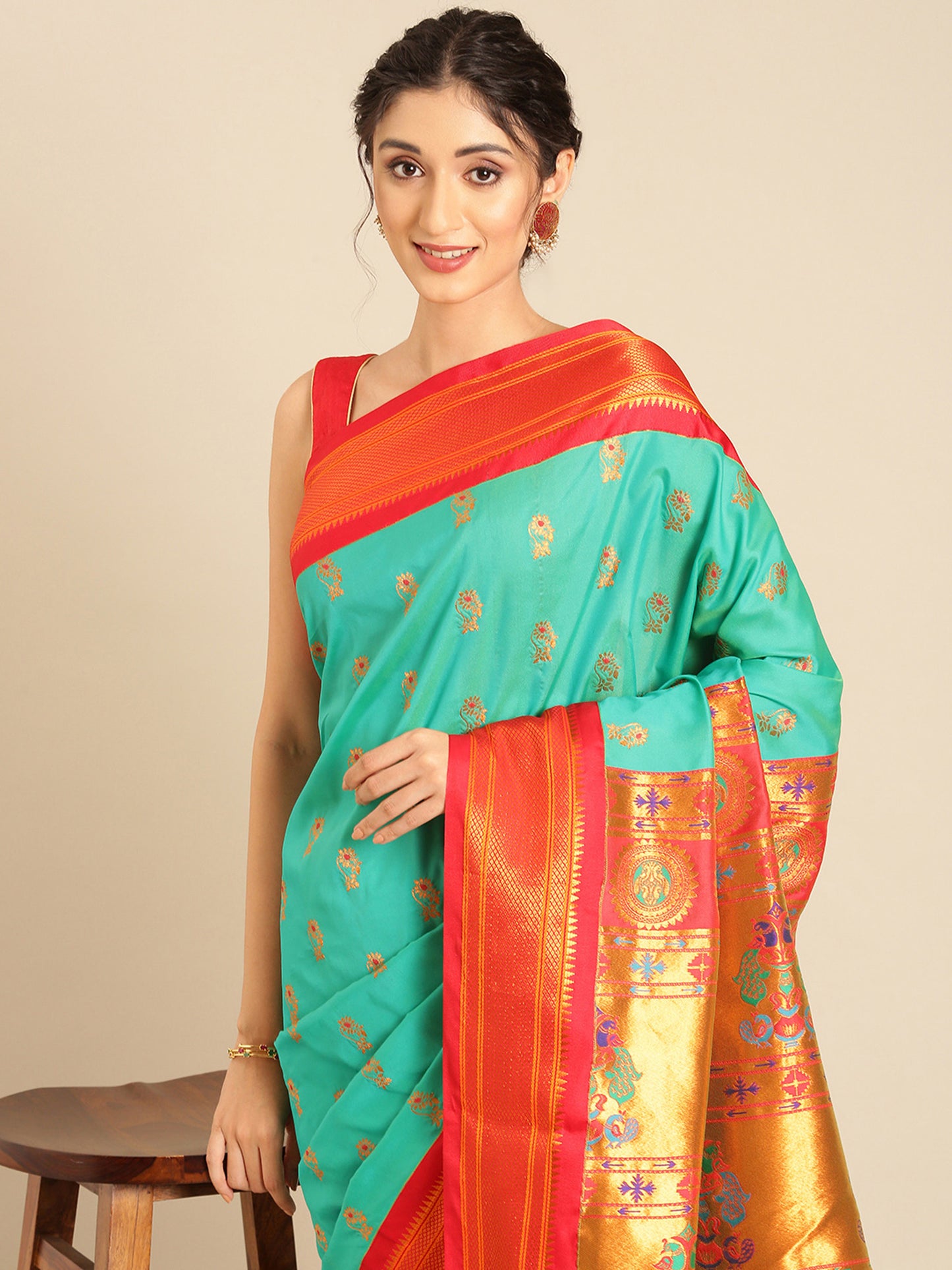 Ahilya Sea Green & Red Soft Silk Peshwai Nath Paithani Saree