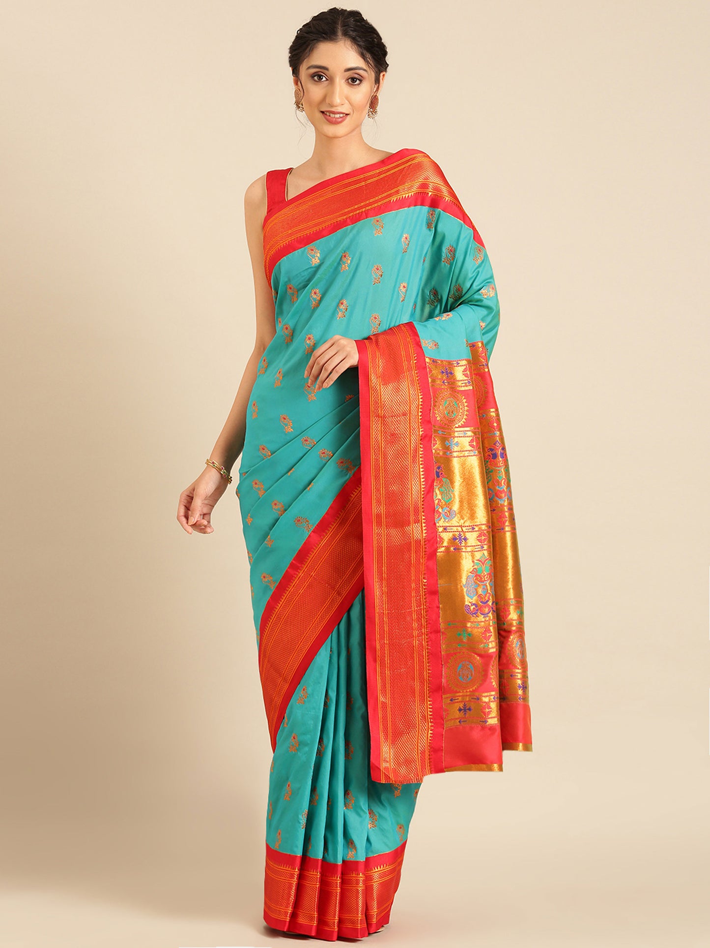 Ahilya Chintamani & Red Soft Silk Peshwai Nath Paithani Saree