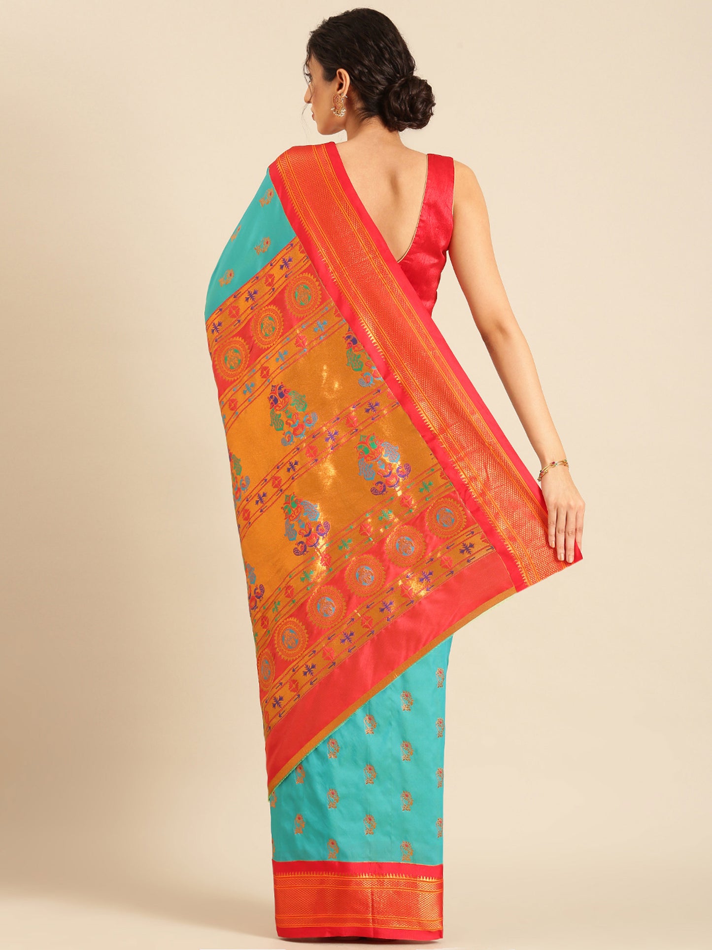 Ahilya Chintamani & Red Soft Silk Peshwai Nath Paithani Saree