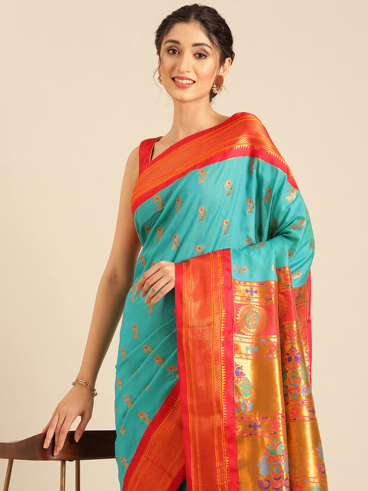 Ahilya Chintamani & Red Soft Silk Peshwai Nath Paithani Saree