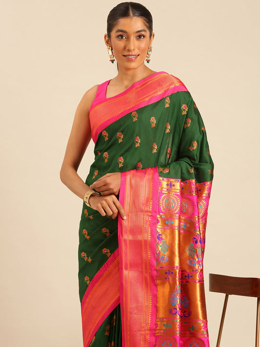 Ahilya Bottle Green & Pink Soft Silk Peshwai Nath Paithani Saree