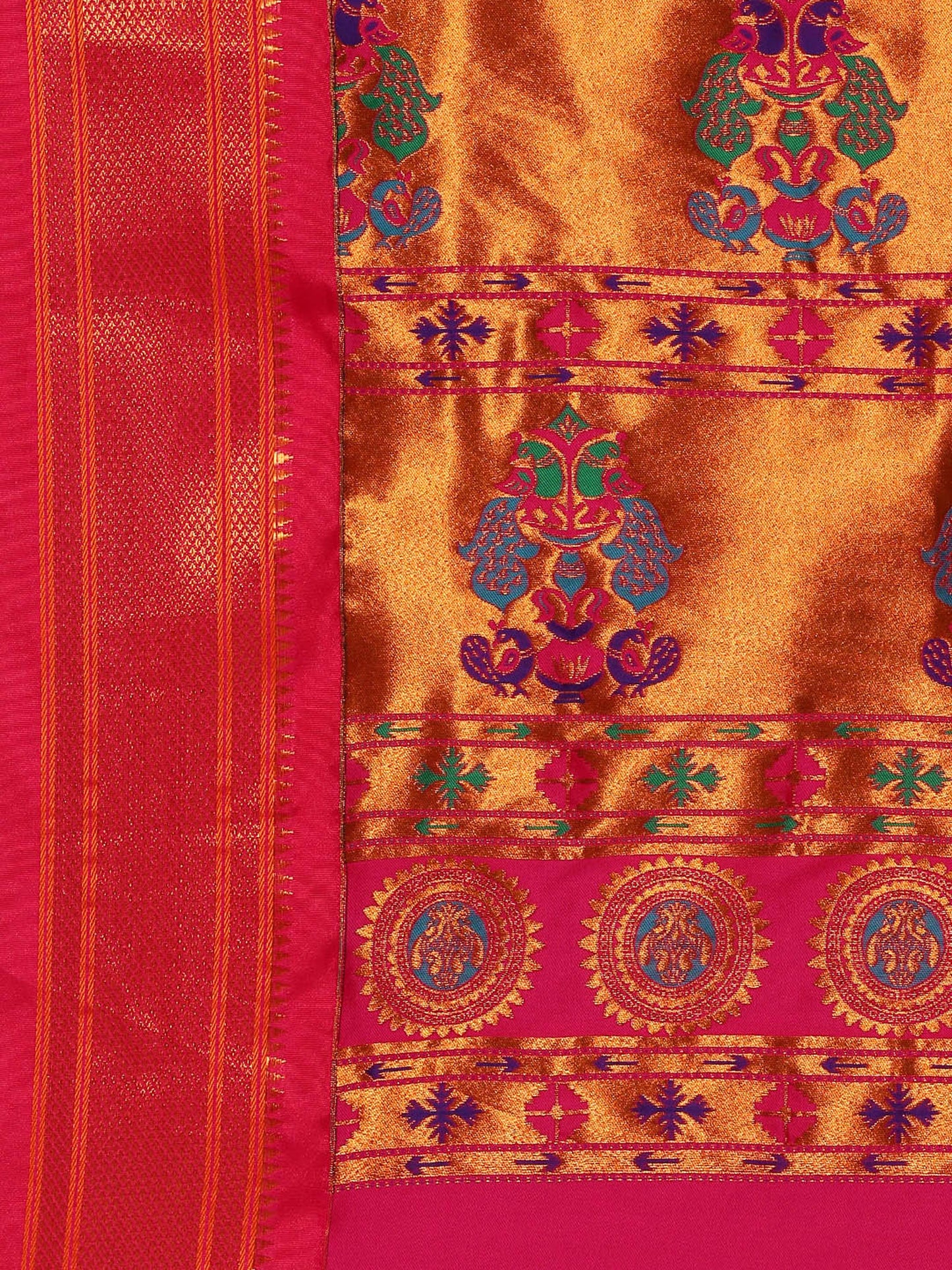 Ahilya Bottle Green & Pink Soft Silk Peshwai Nath Paithani Saree