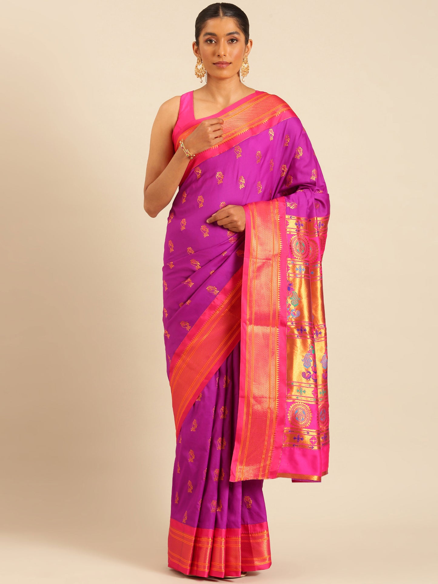 Ahilya Purple & Pink Soft Silk Peshwai Nath Paithani Saree