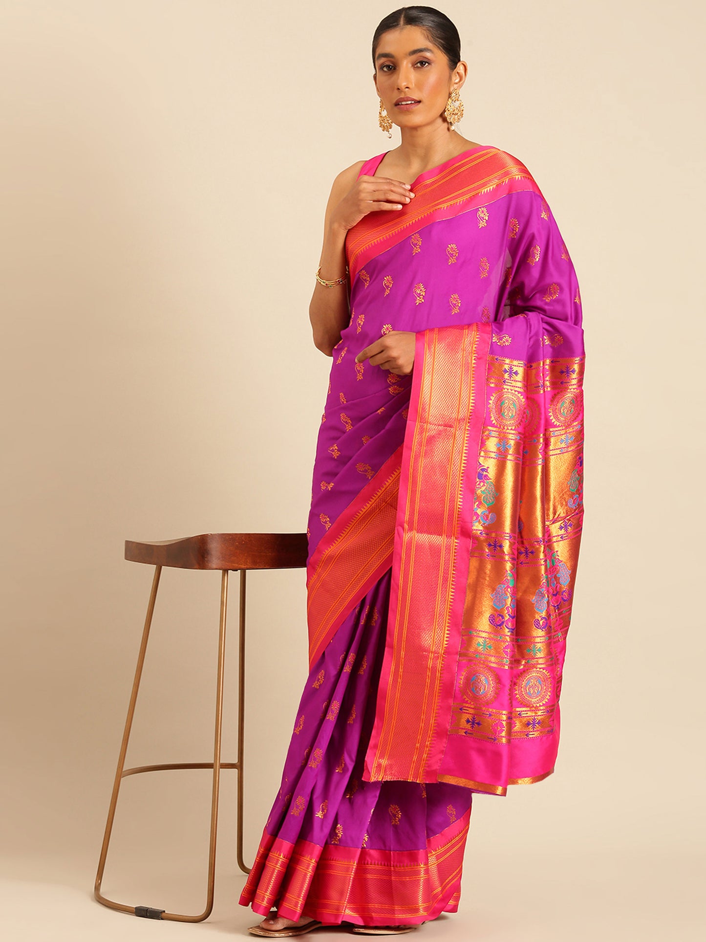 Ahilya Purple & Pink Soft Silk Peshwai Nath Paithani Saree