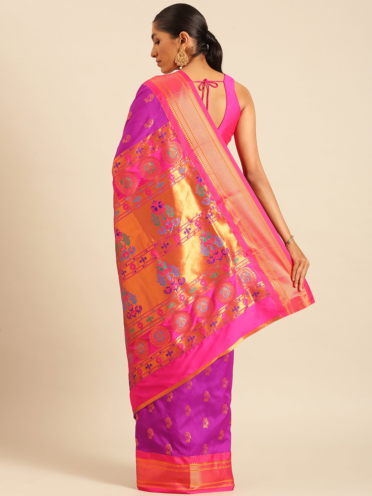 Ahilya Purple & Pink Soft Silk Peshwai Nath Paithani Saree