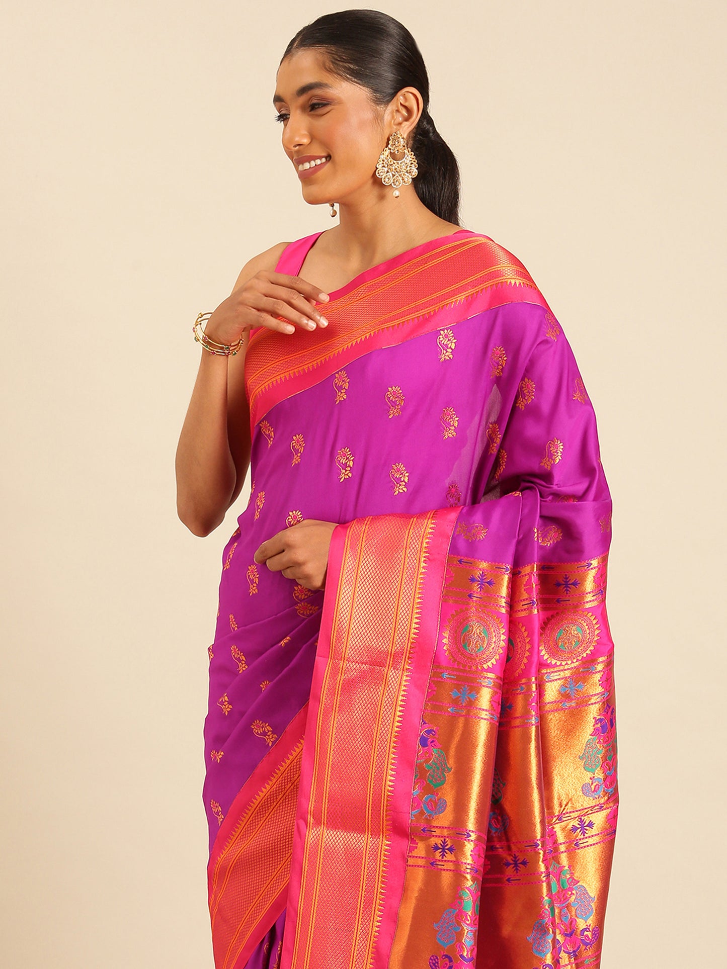 Ahilya Purple & Pink Soft Silk Peshwai Nath Paithani Saree