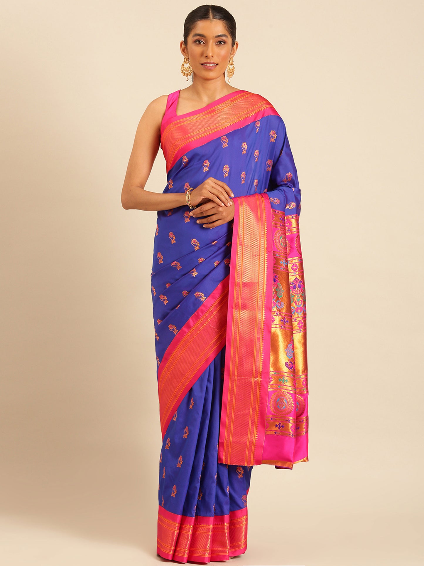 Ahilya Royal Blue & Pink Soft Silk Peshwai Nath Paithani Saree