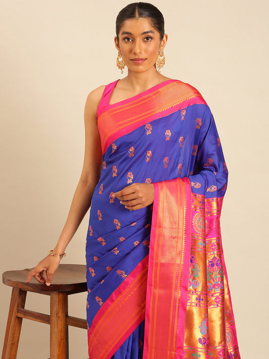 Ahilya Royal Blue & Pink Soft Silk Peshwai Nath Paithani Saree