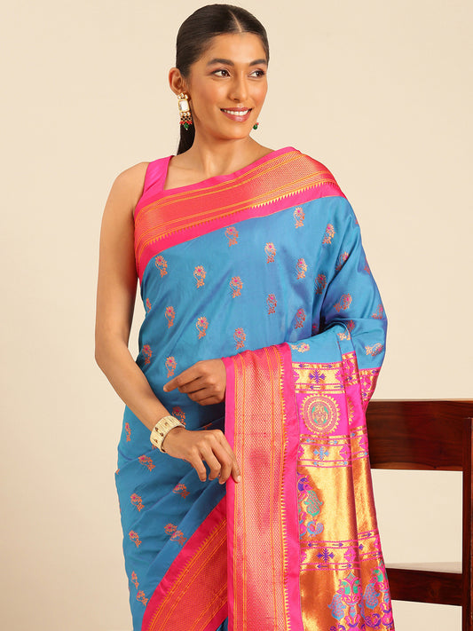Ahilya Firozi & Pink Soft Silk Peshwai Nath Paithani Saree