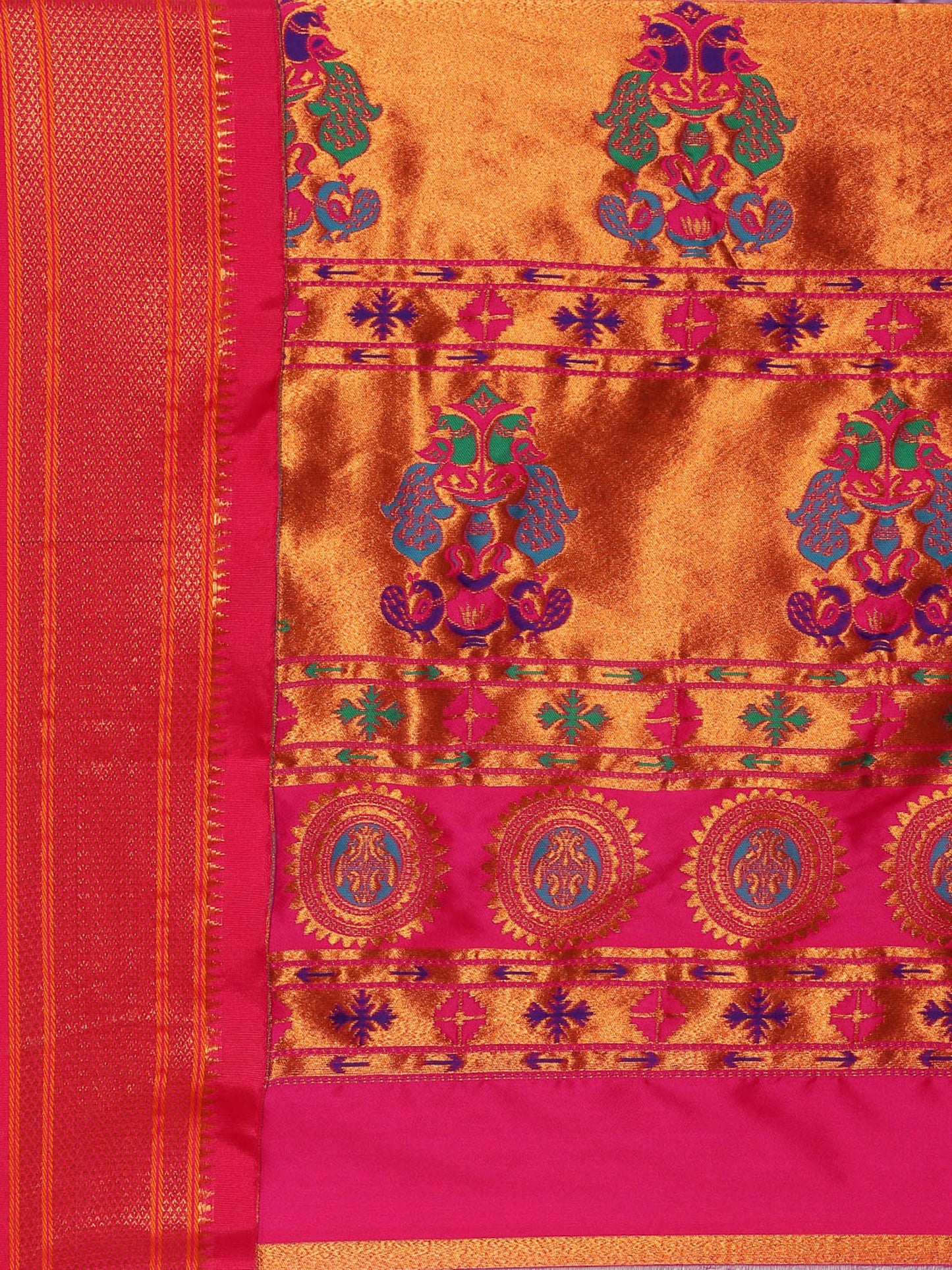 Ahilya Firozi & Pink Soft Silk Peshwai Nath Paithani Saree