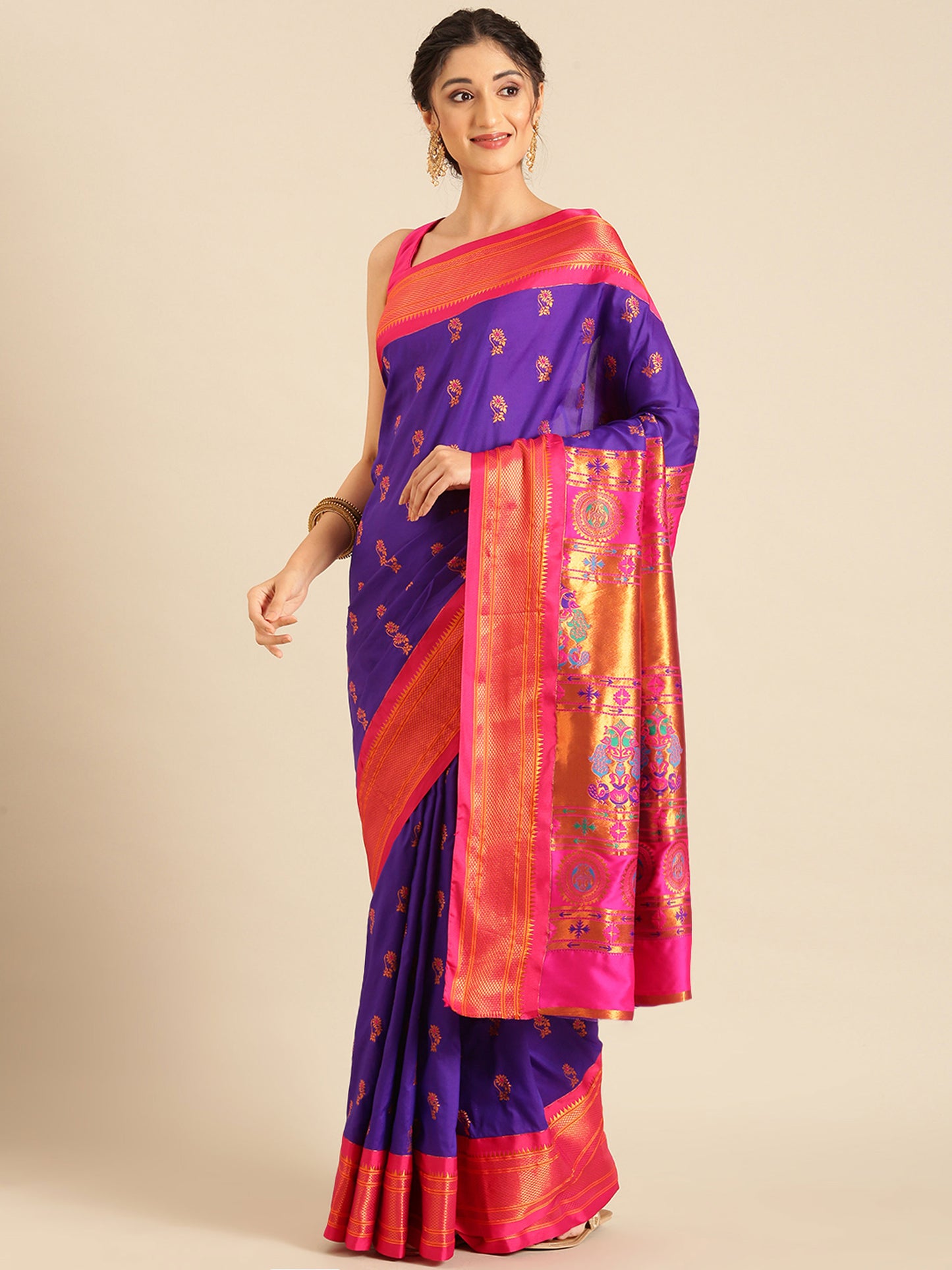 Ahilya Indigo Blue & Pink Soft Silk Peshwai Nath Paithani Saree