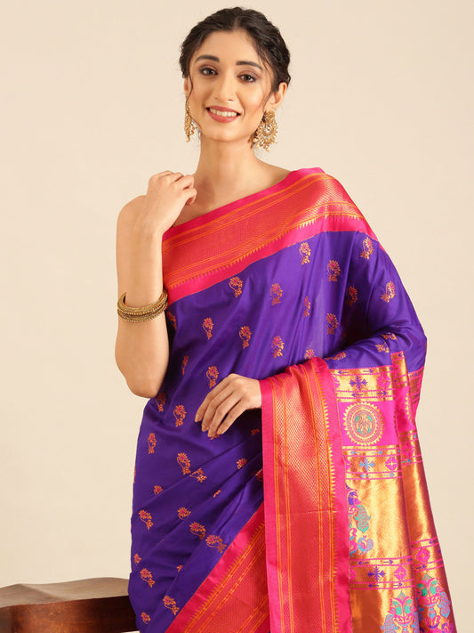 Ahilya Indigo Blue & Pink Soft Silk Peshwai Nath Paithani Saree