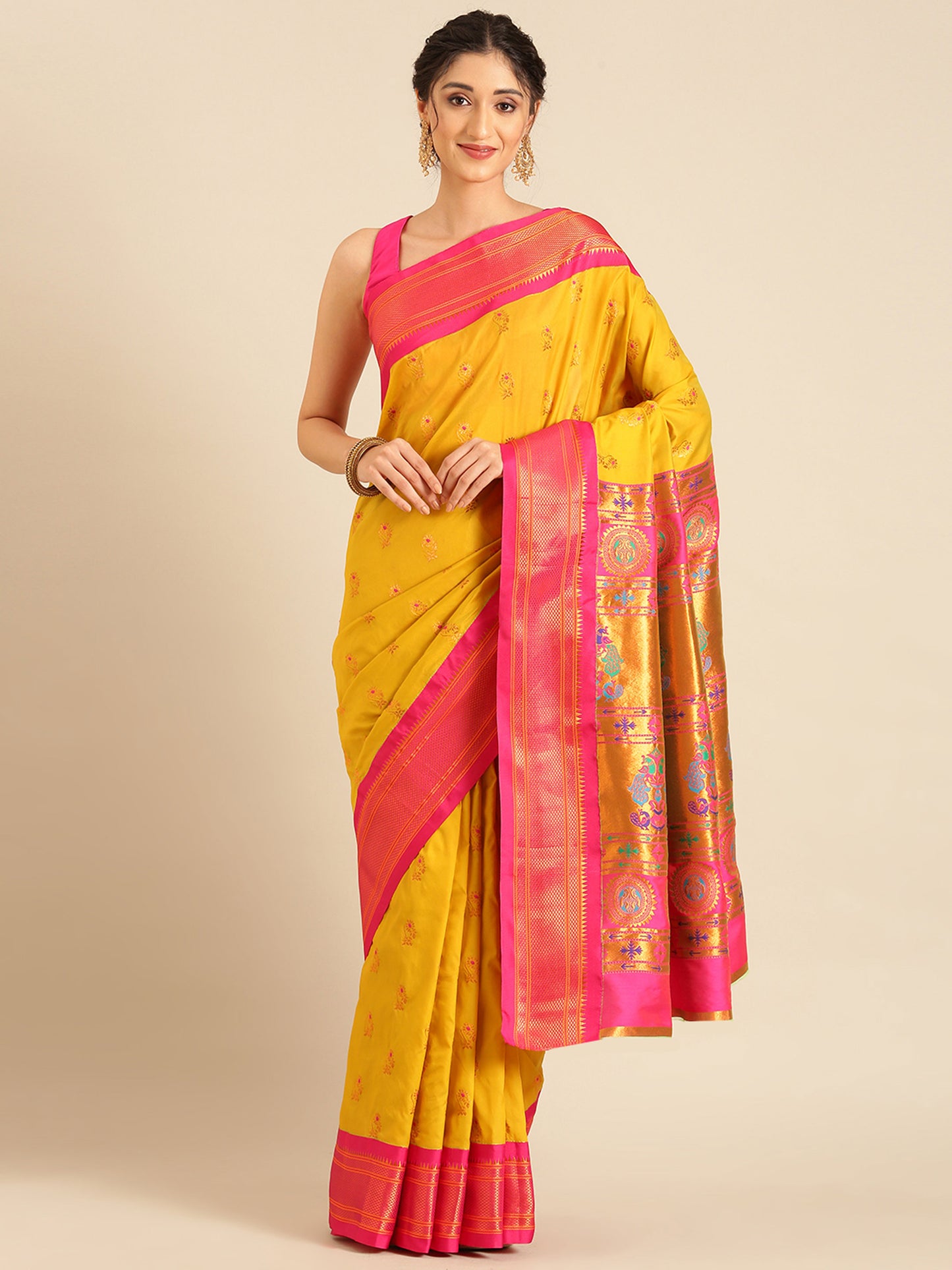 Ahilya Mustard & Pink Soft Silk Peshwai Nath Paithani Saree