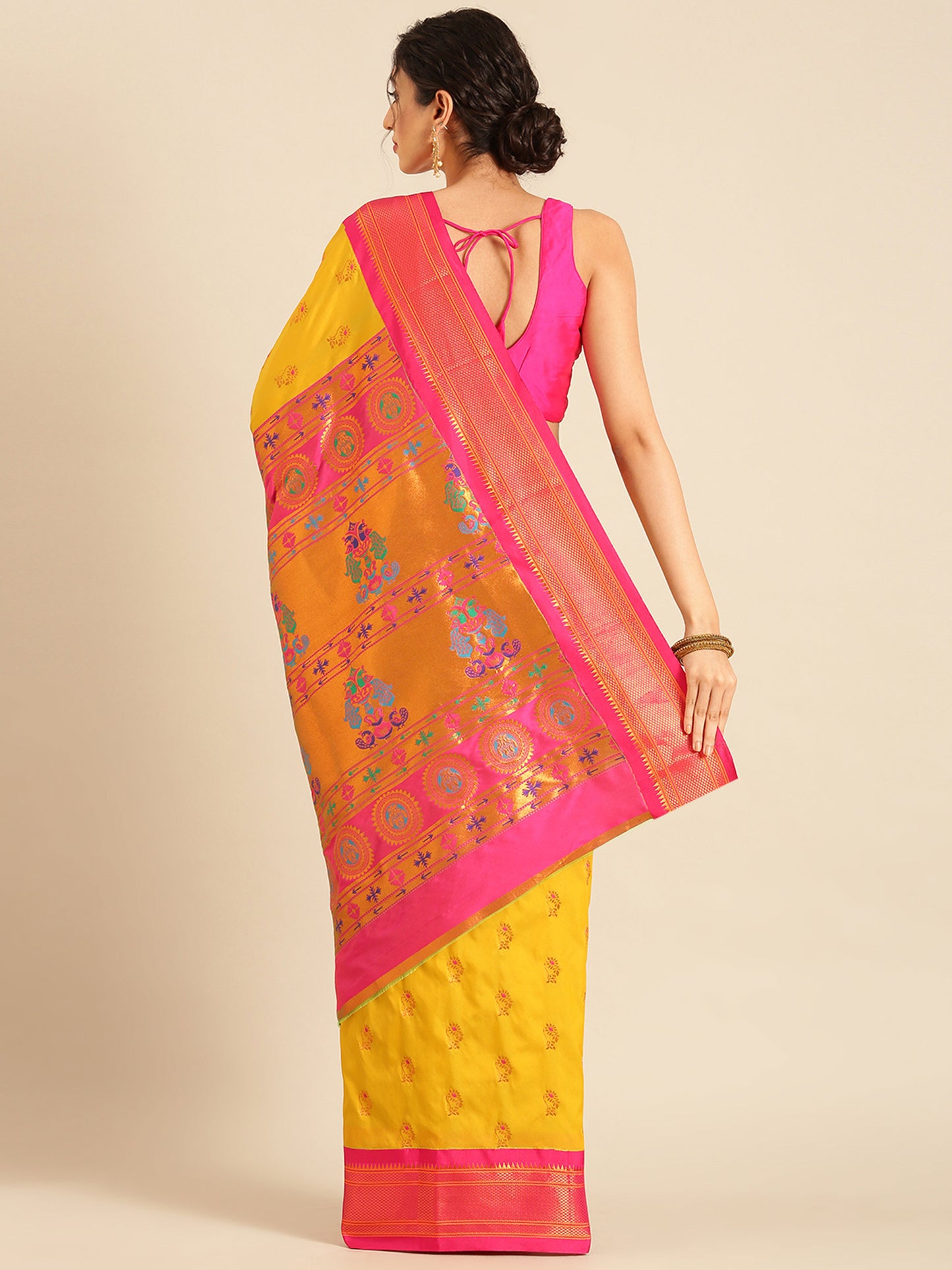Ahilya Mustard & Pink Soft Silk Peshwai Nath Paithani Saree