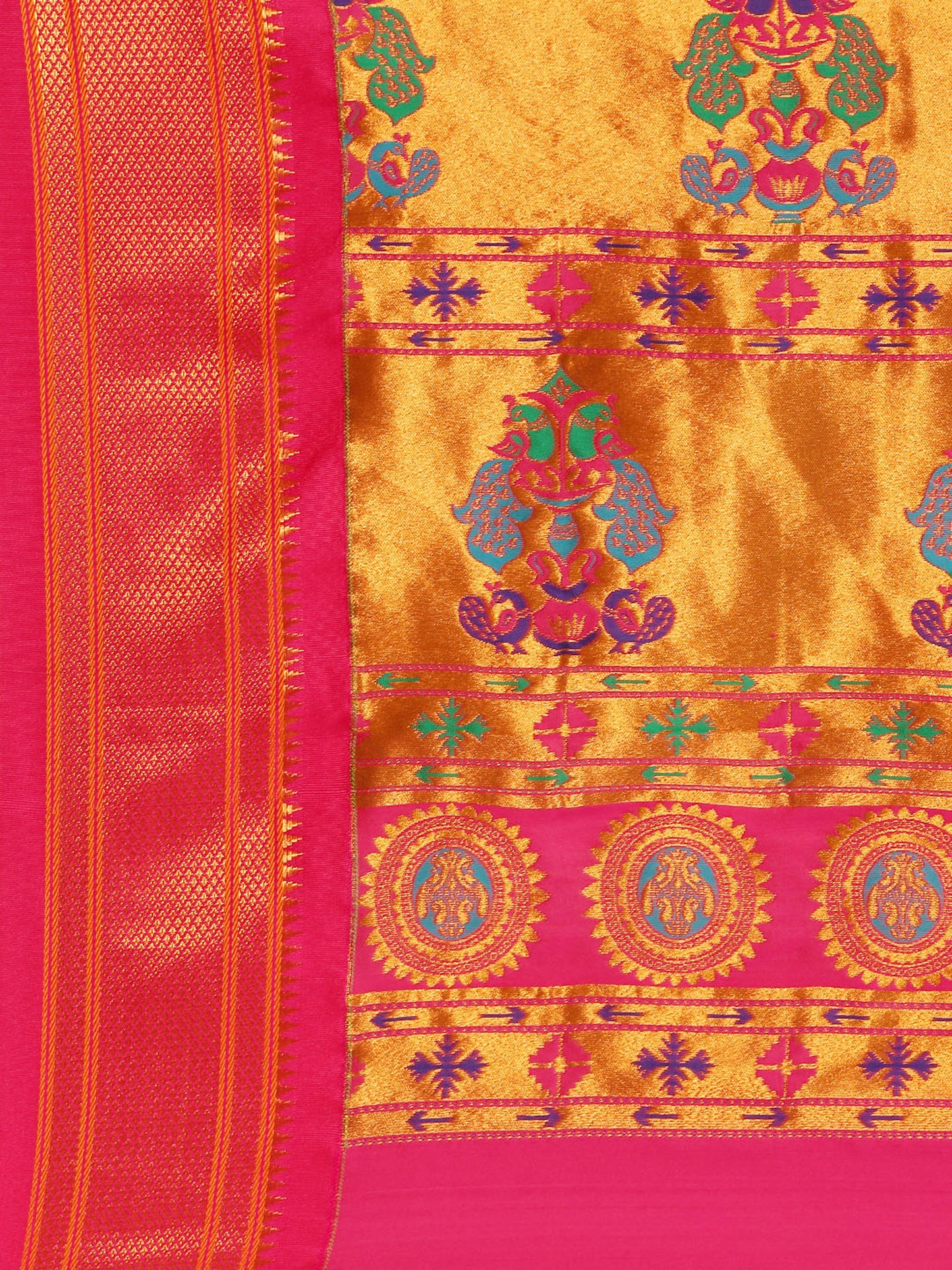 Ahilya Mustard & Pink Soft Silk Peshwai Nath Paithani Saree