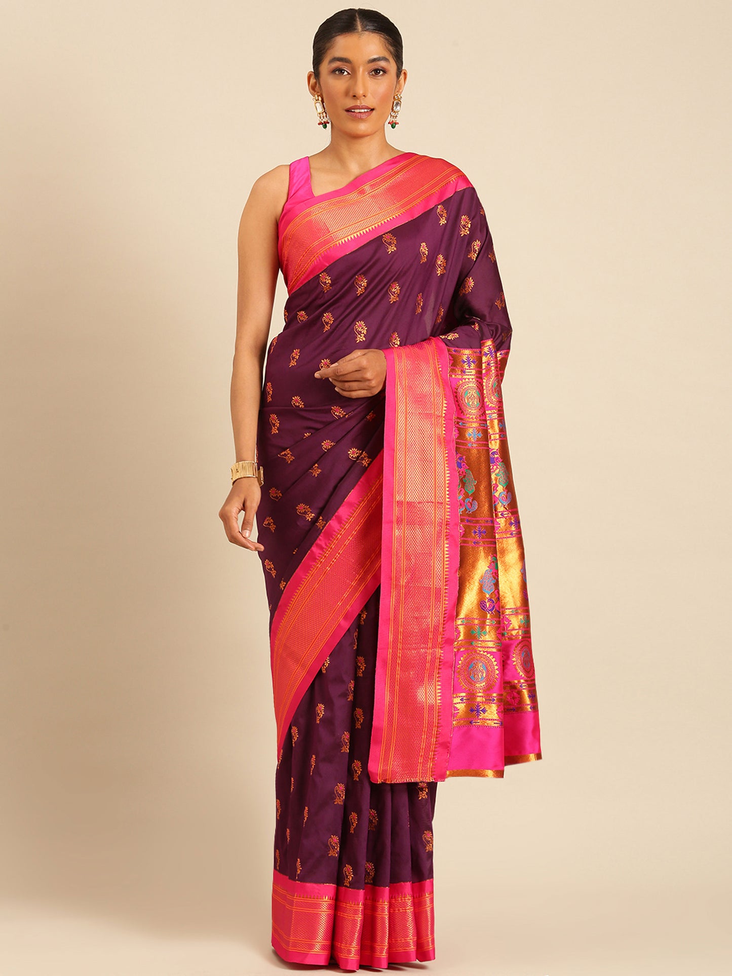 Ahilya Maroon & Pink Soft Silk Peshwai Nath Paithani Saree