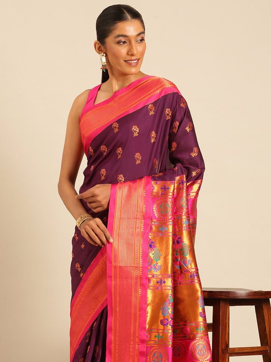 Ahilya Maroon & Pink Soft Silk Peshwai Nath Paithani Saree