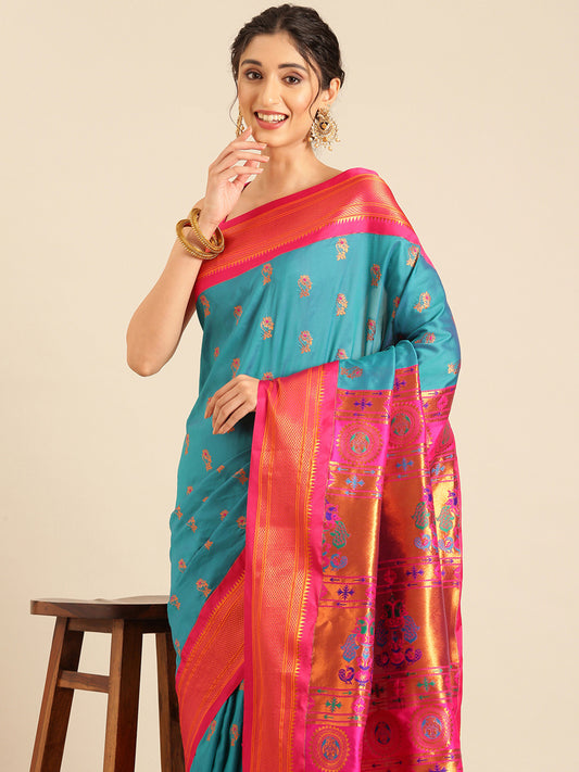 Ahilya Rama & Pink Soft Silk Peshwai Nath Paithani Saree