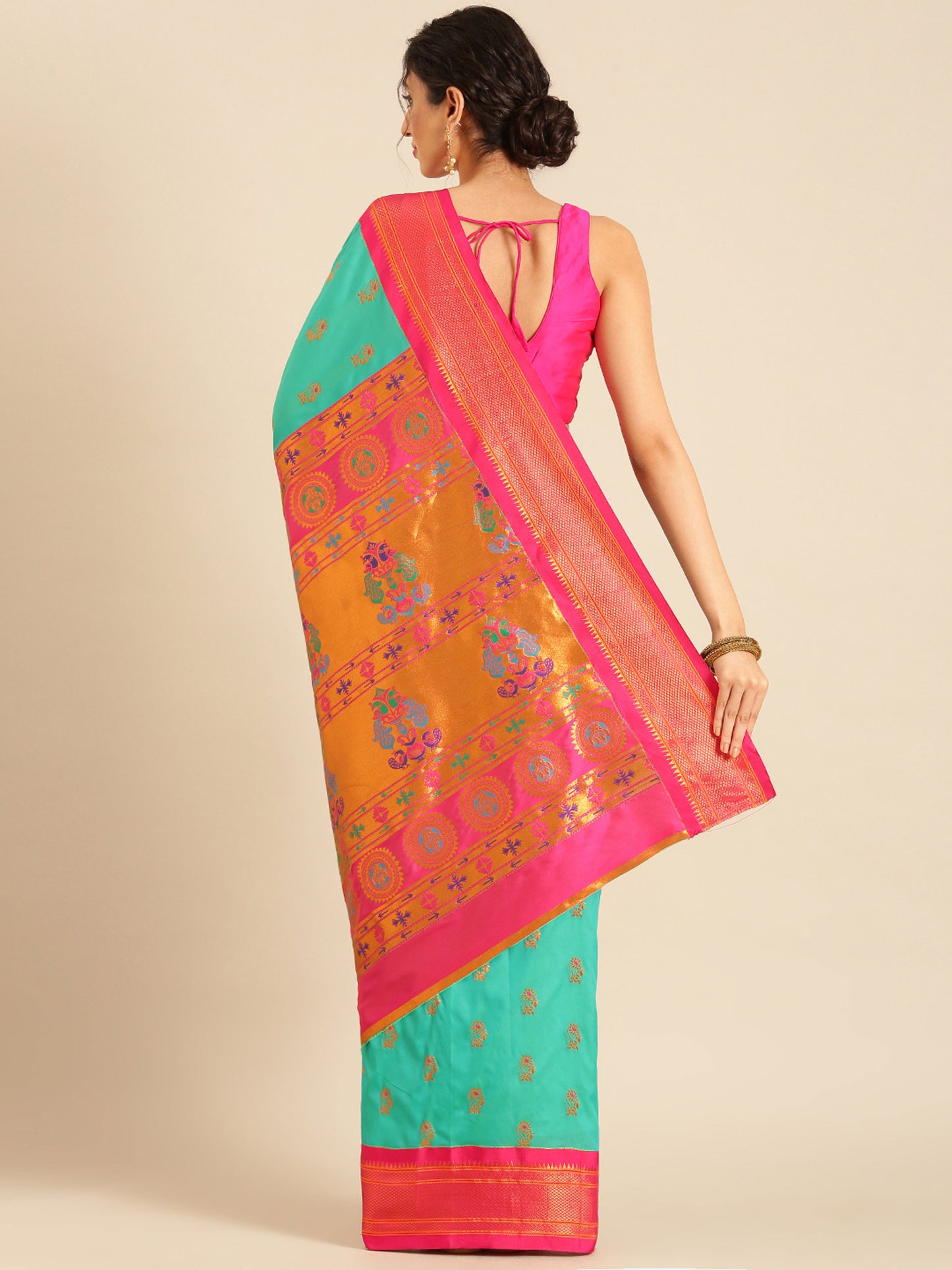 Ahilya Sea Green & Pink Soft Silk Peshwai Nath Paithani Saree