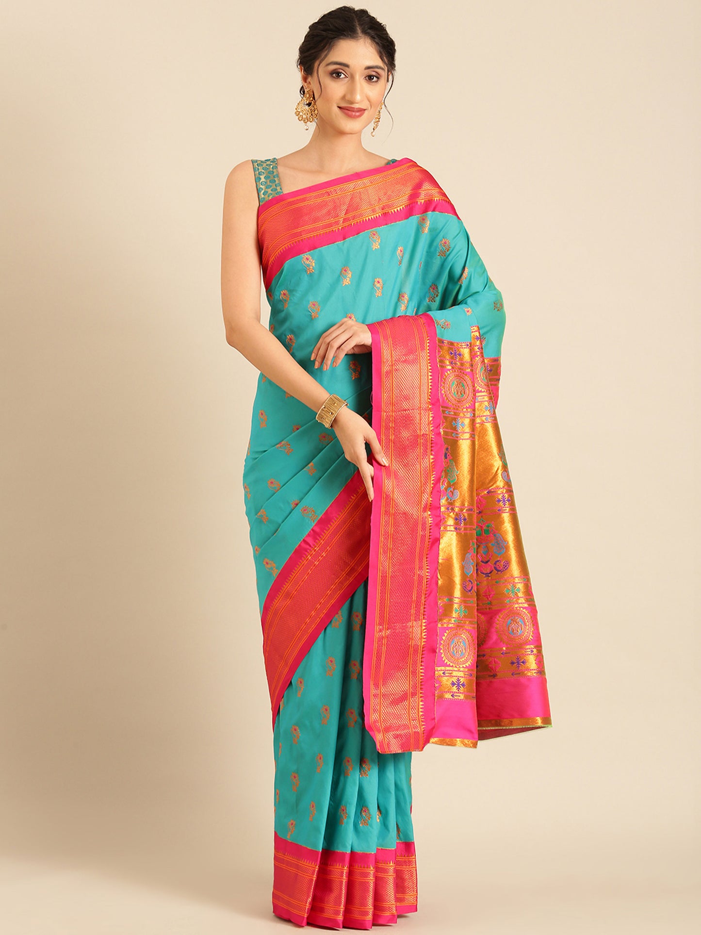 Ahilya Chintamani & Pink Soft Silk Peshwai Nath Paithani Saree