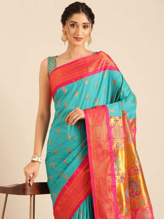 Ahilya Chintamani & Pink Soft Silk Peshwai Nath Paithani Saree