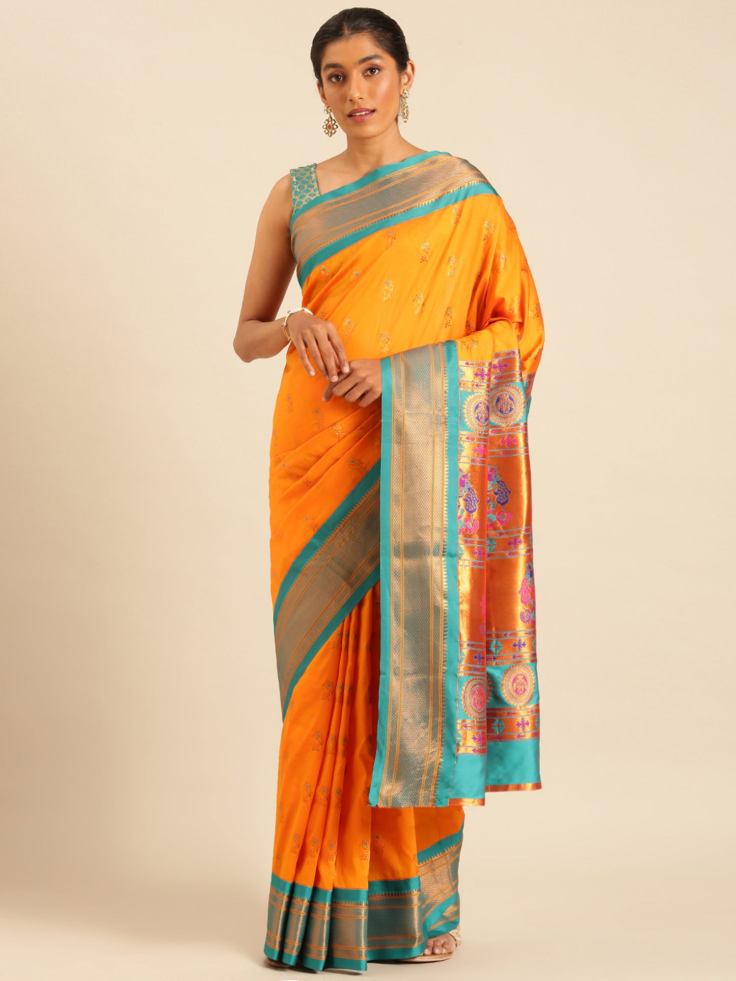 Ahilya Orange & Rama Soft Silk Peshwai Nath Paithani Saree