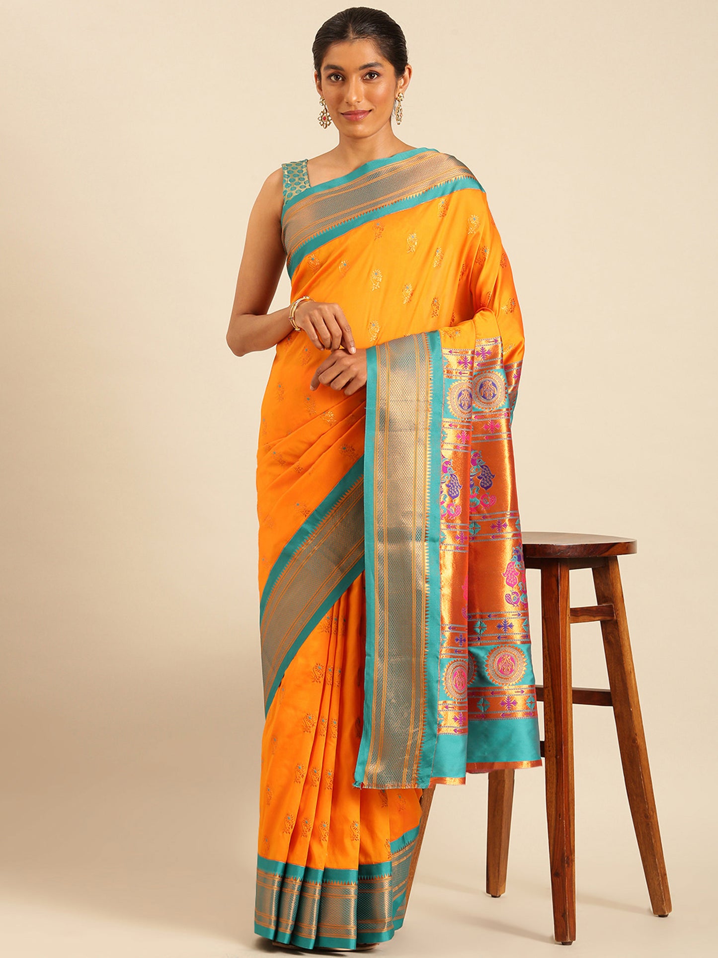 Ahilya Orange & Rama Soft Silk Peshwai Nath Paithani Saree