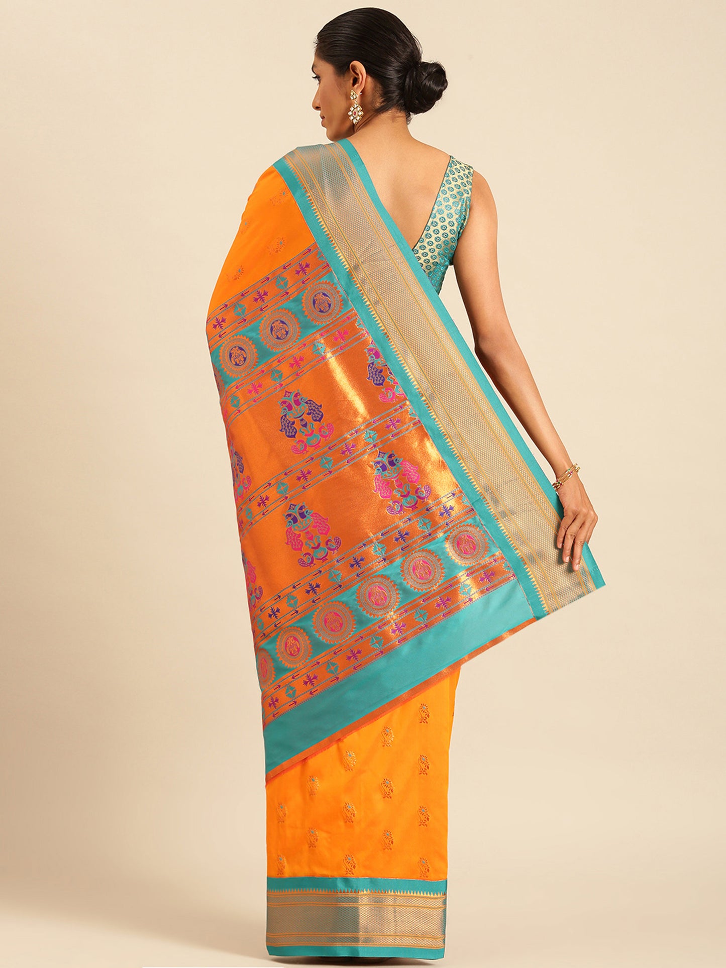 Ahilya Orange & Rama Soft Silk Peshwai Nath Paithani Saree