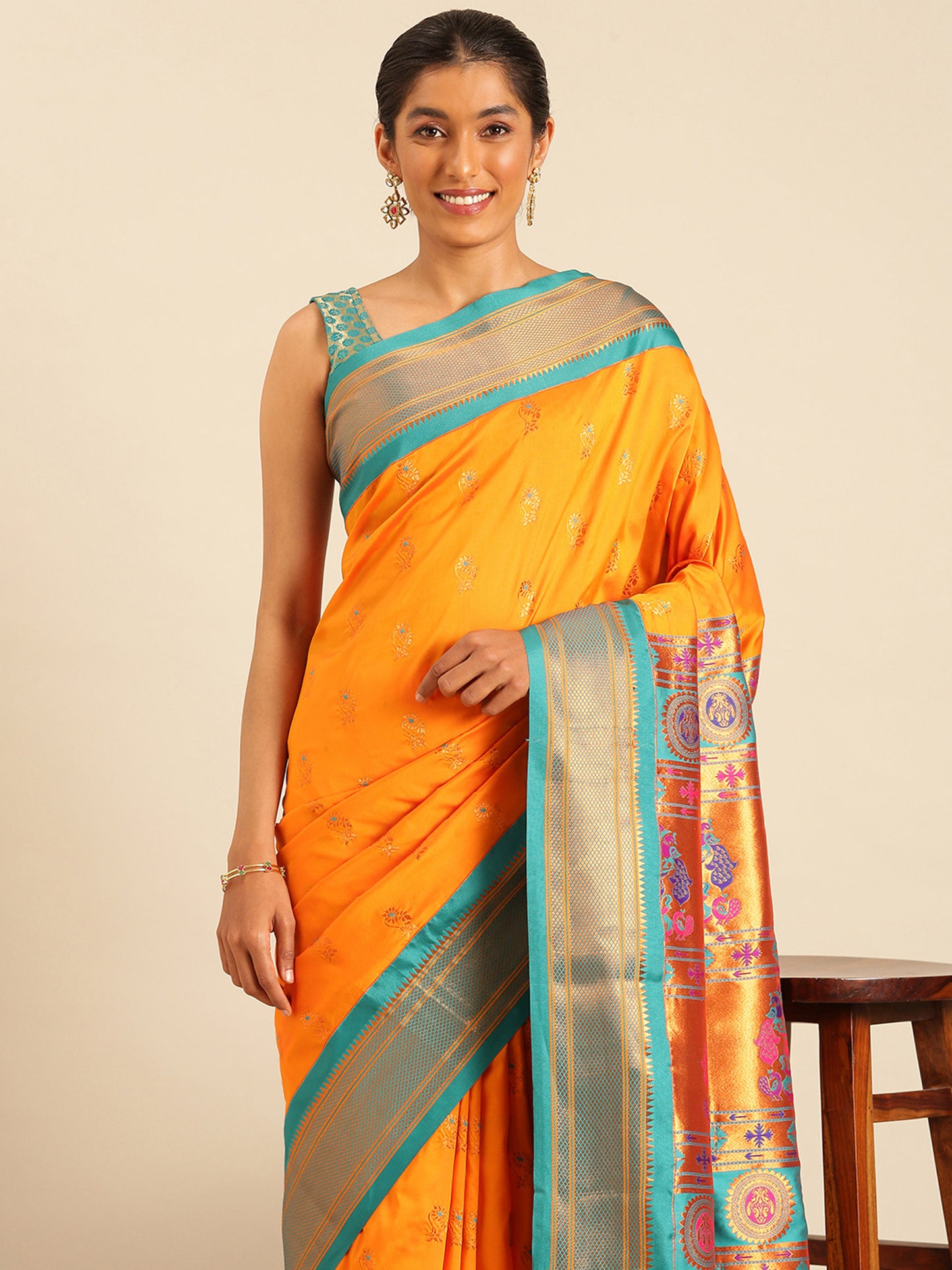 Ahilya Orange & Rama Soft Silk Peshwai Nath Paithani Saree