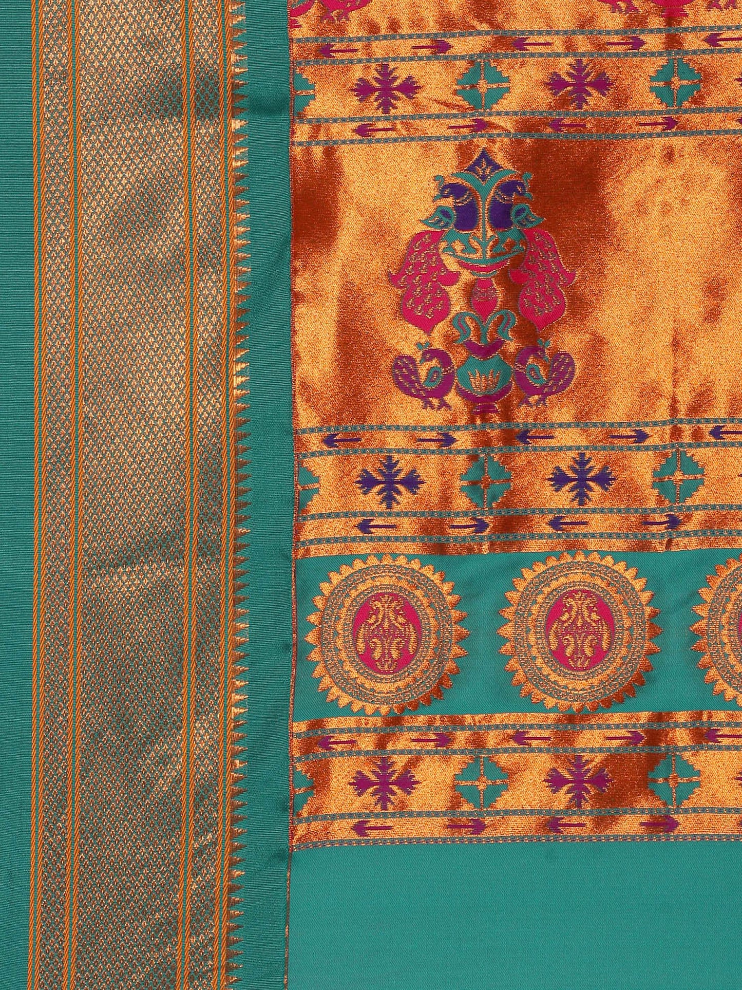 Ahilya Orange & Rama Soft Silk Peshwai Nath Paithani Saree