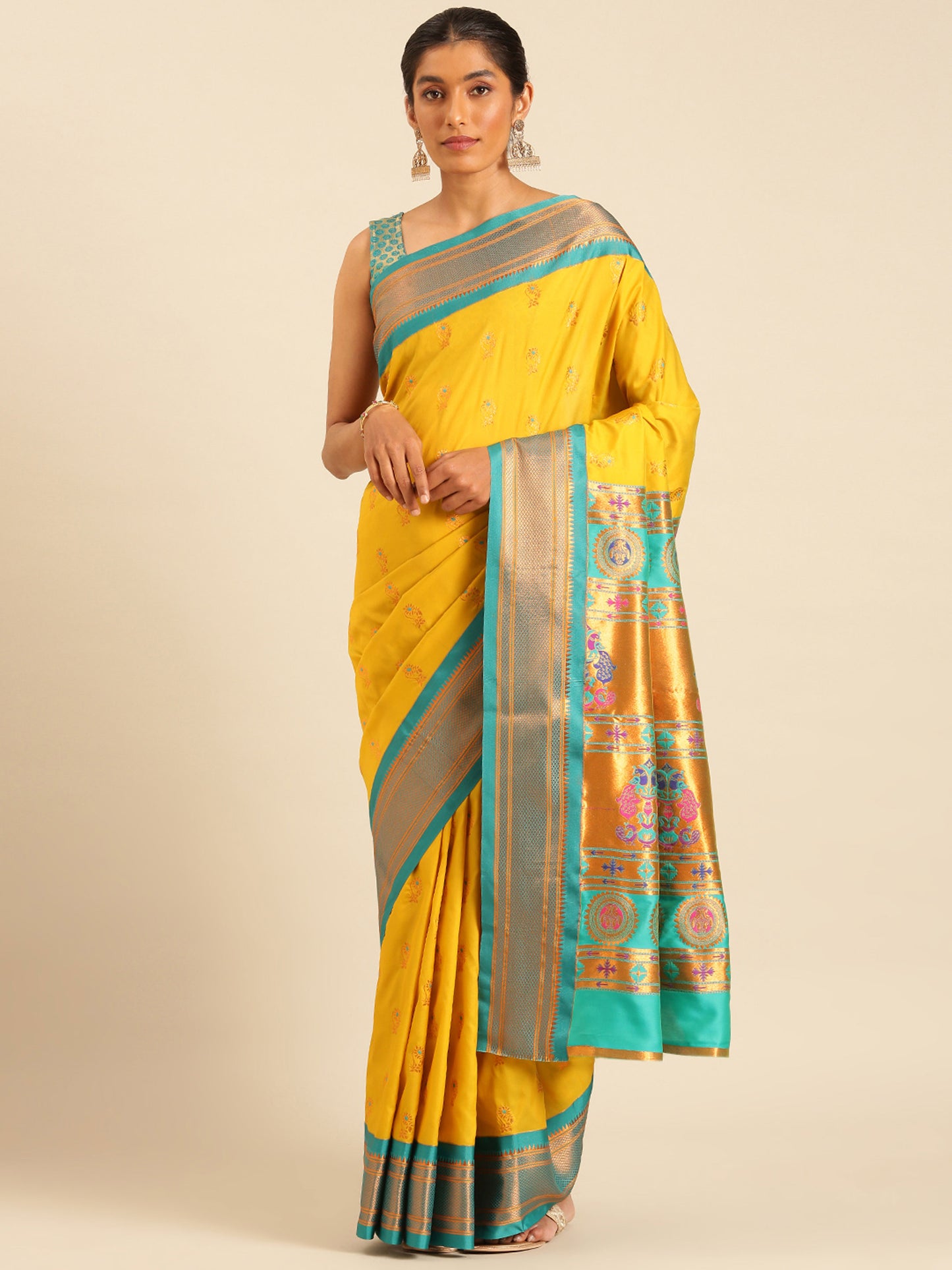 Ahilya Mustard & Rama Soft Silk Peshwai Nath Paithani Saree