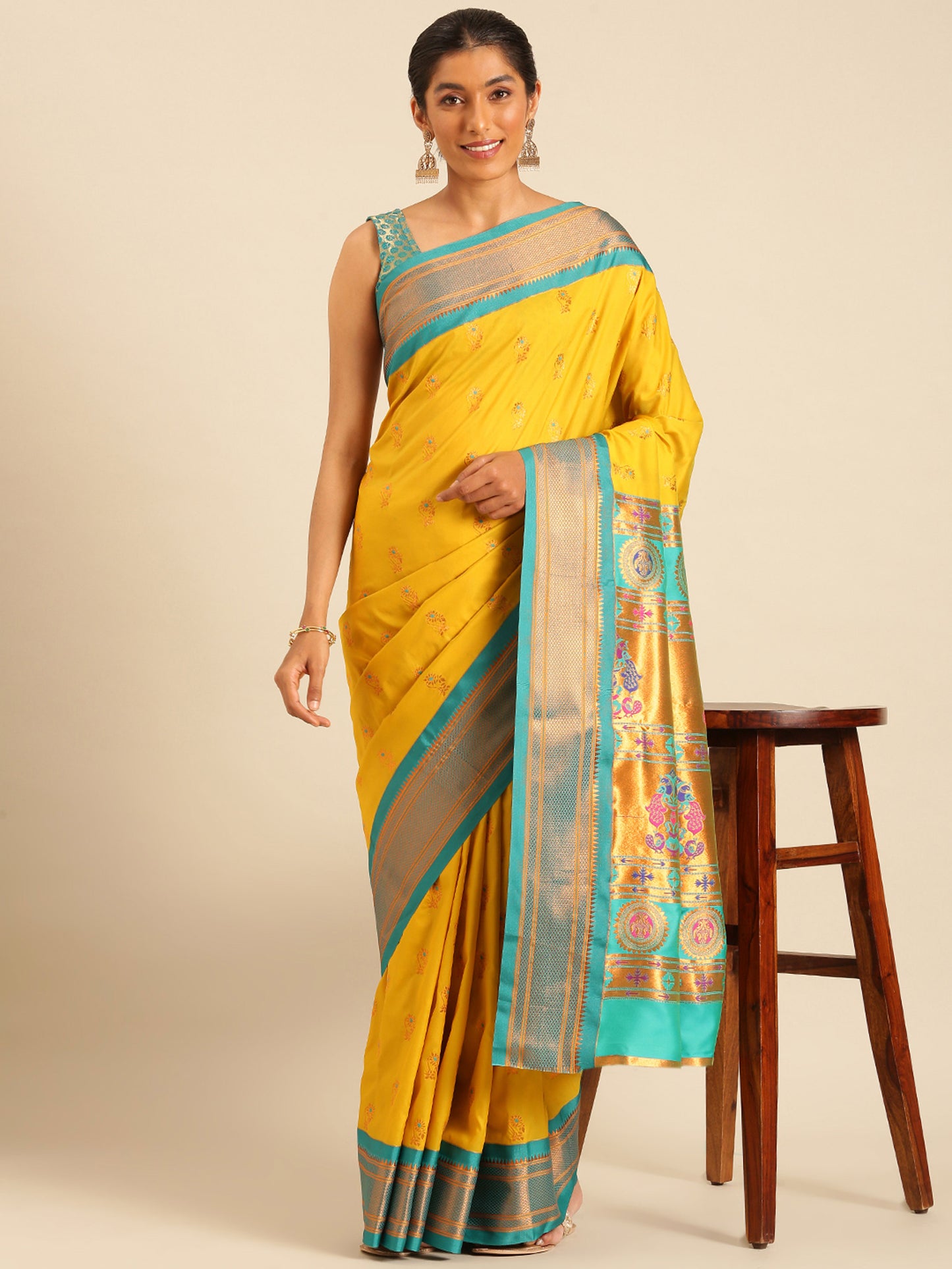 Ahilya Mustard & Rama Soft Silk Peshwai Nath Paithani Saree