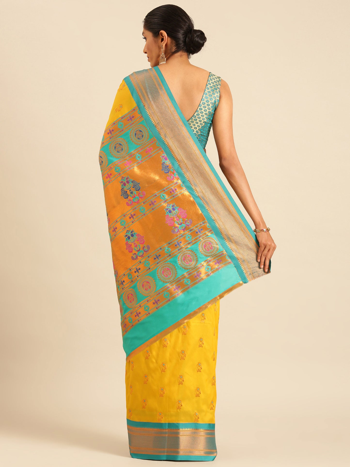 Ahilya Mustard & Rama Soft Silk Peshwai Nath Paithani Saree