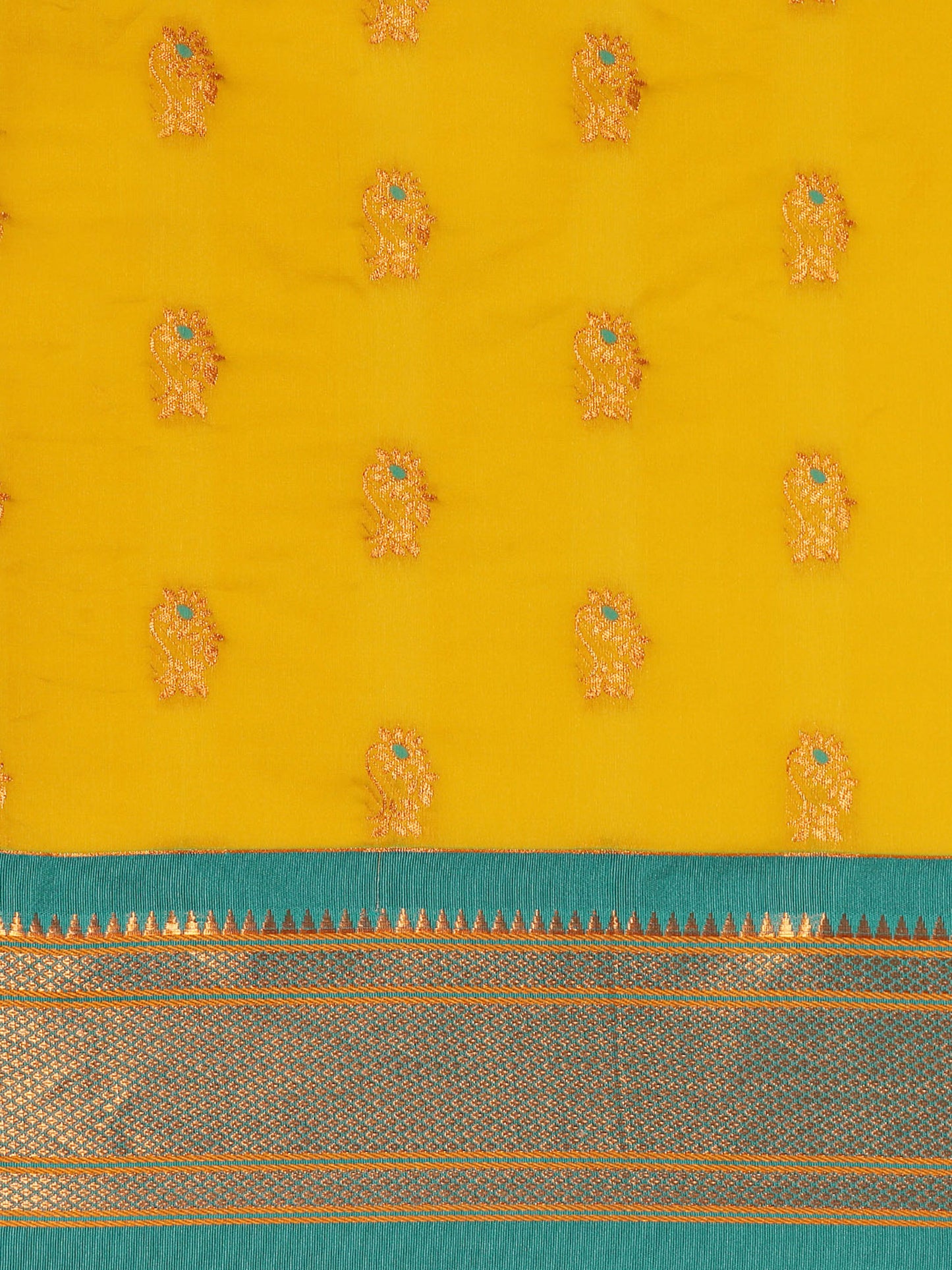 Ahilya Mustard & Rama Soft Silk Peshwai Nath Paithani Saree