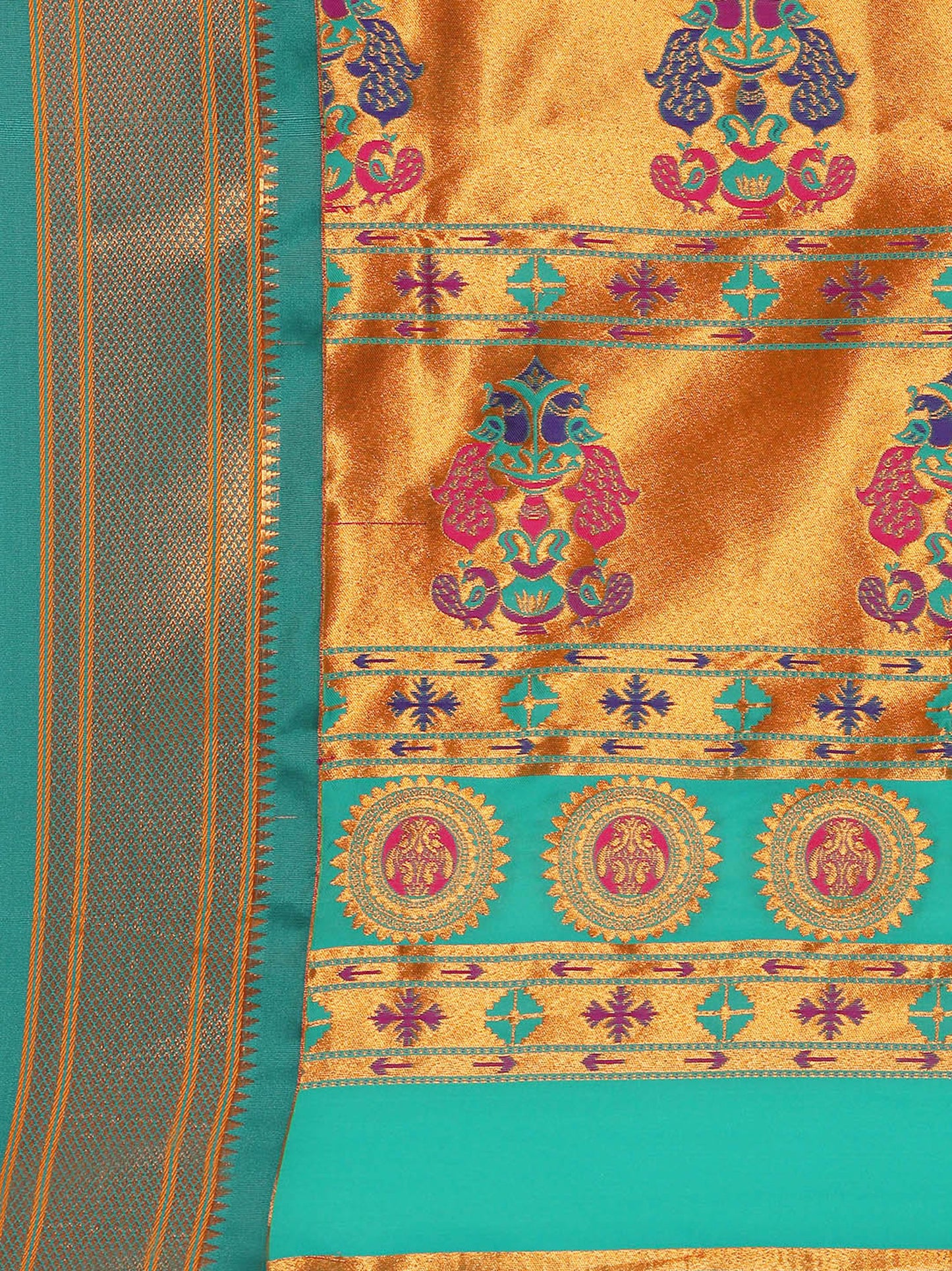 Ahilya Mustard & Rama Soft Silk Peshwai Nath Paithani Saree