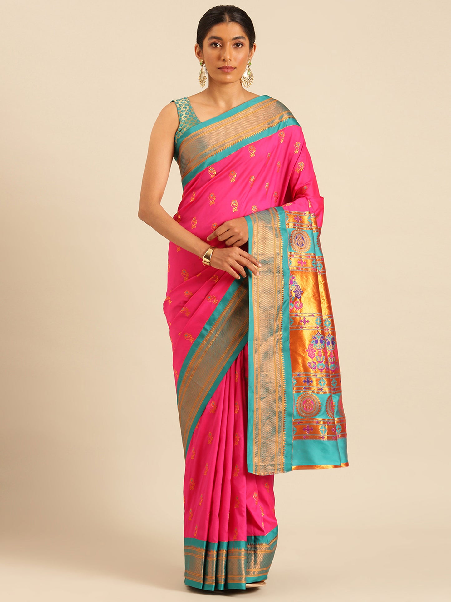 Ahilya Hot Pink & Rama Soft Silk Peshwai Nath Paithani Saree