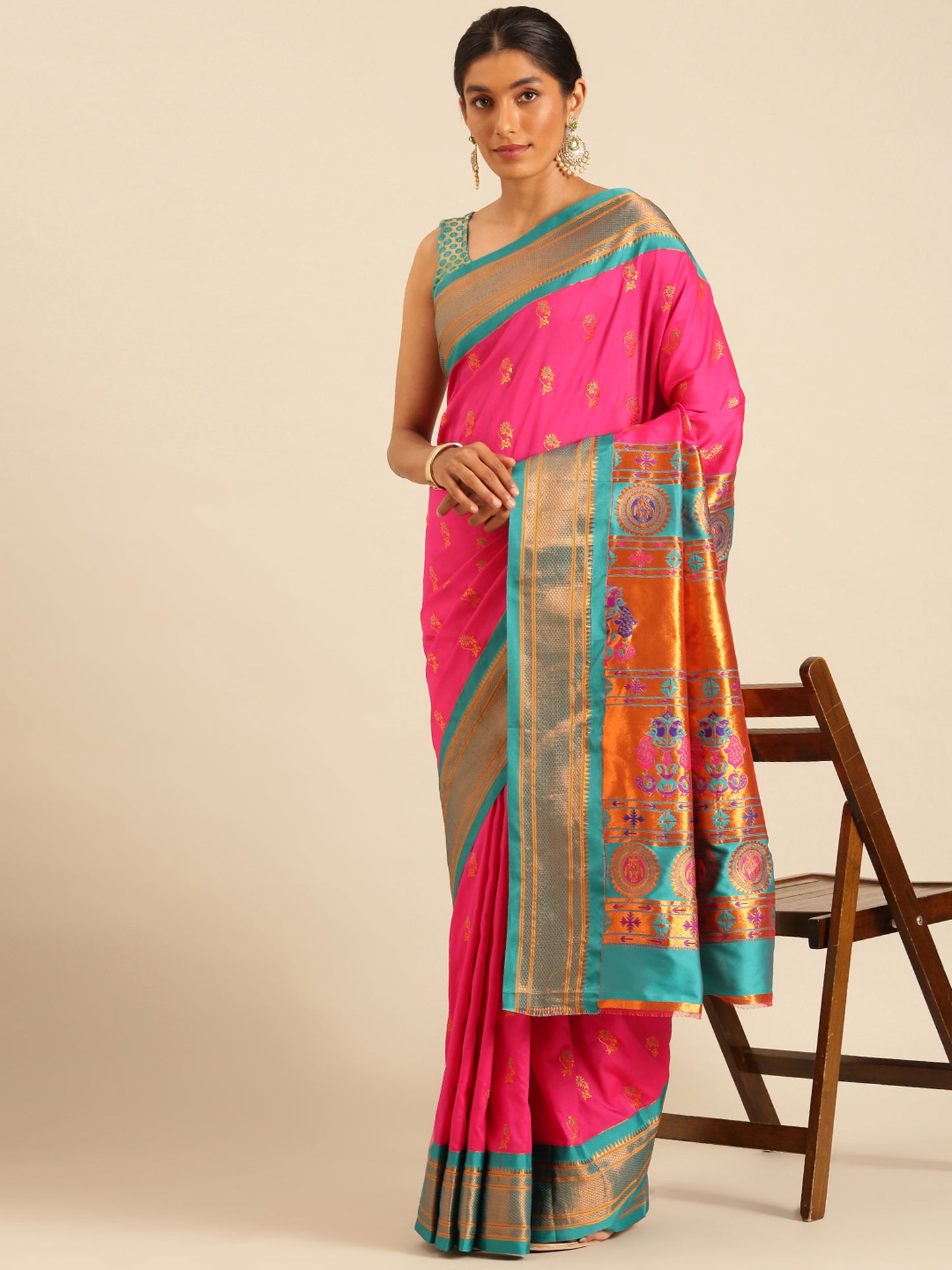Ahilya Hot Pink & Rama Soft Silk Peshwai Nath Paithani Saree