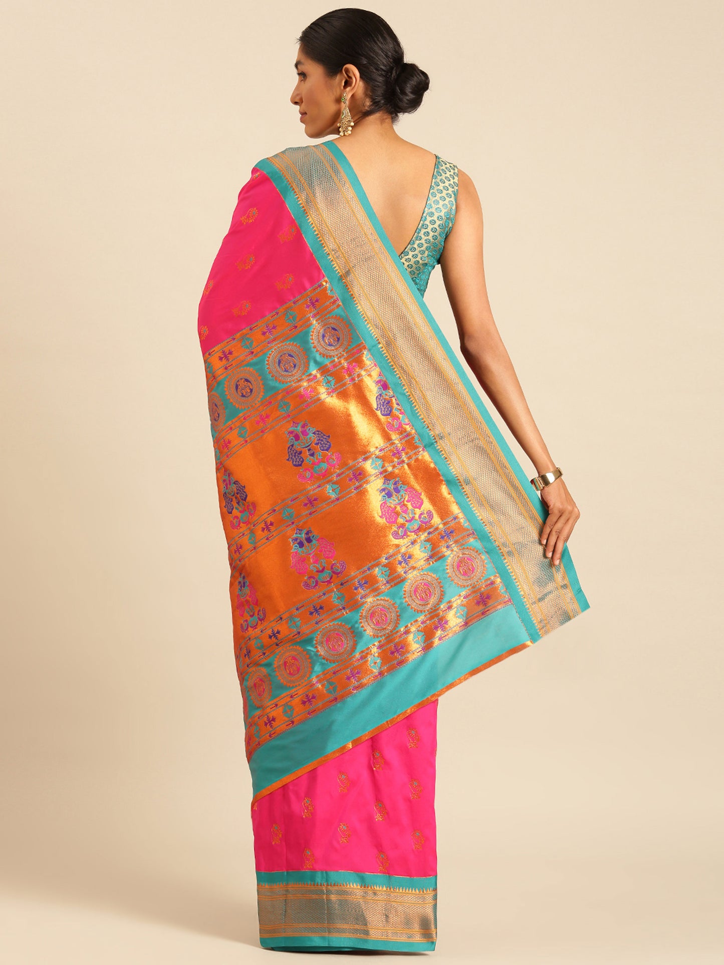 Ahilya Hot Pink & Rama Soft Silk Peshwai Nath Paithani Saree